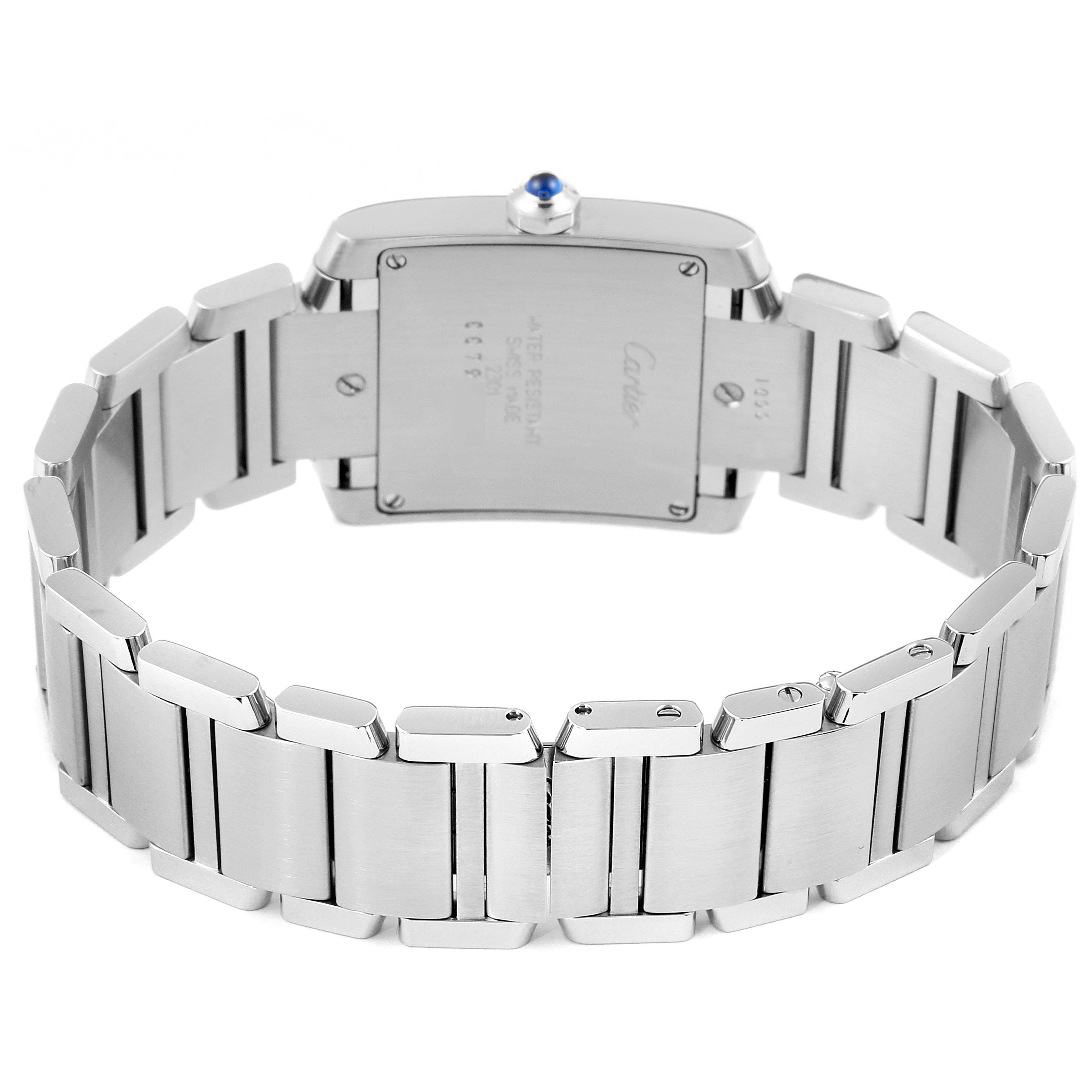 This image shows the back view of a Tank Francaise model by Cartier, highlighting its case back and metal bracelet.