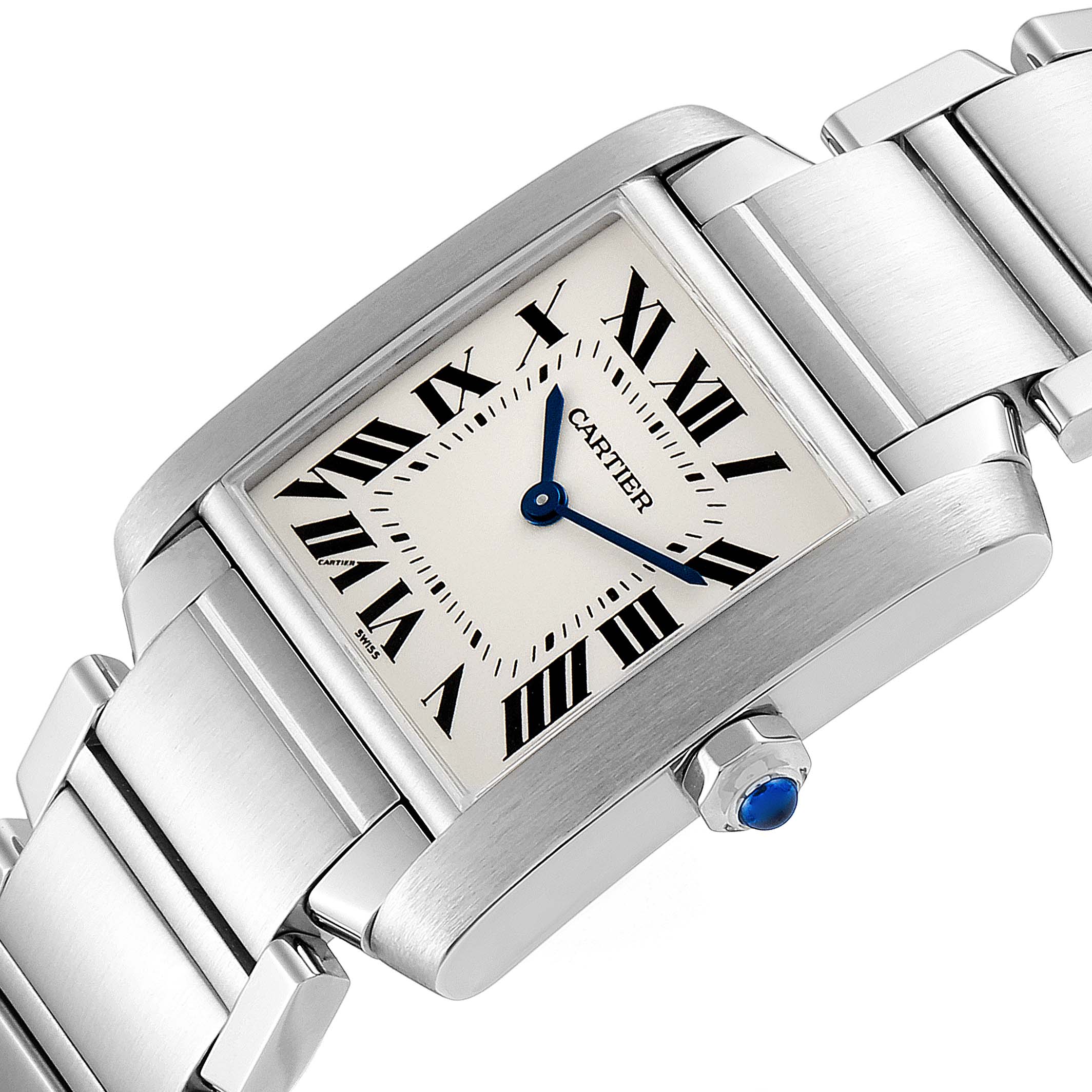 The image shows a close-up angled view of the Cartier Tank Francaise WSTA0005 Women
s Stainless Steel Silver Dial WSTA0005 Women
s Stainless Steel Silver Dial watch, highlighting its face, crown, and part of the bracelet.