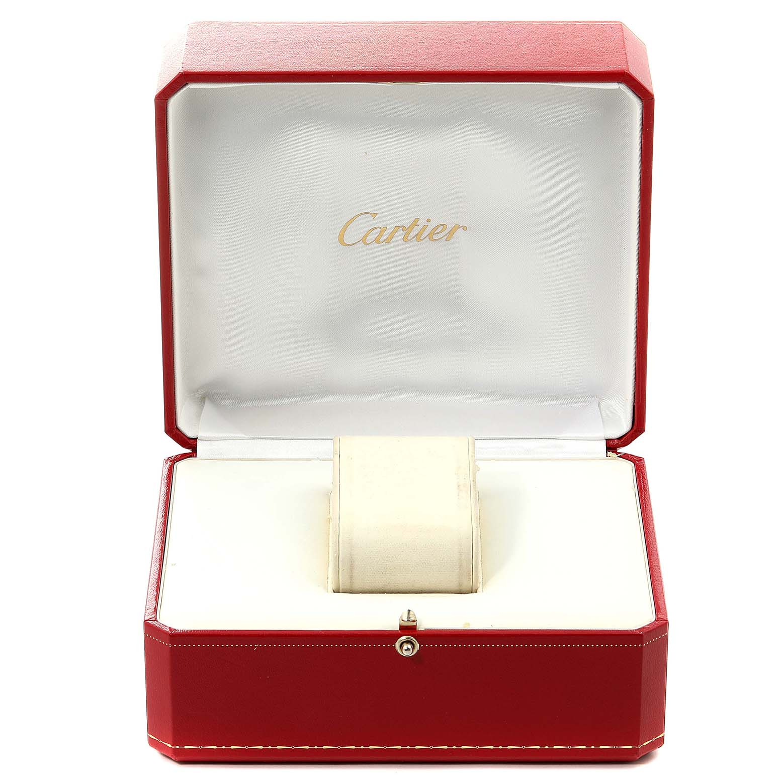 The image shows an open Cartier watch box for the Tank Francaise model, displaying its interior.