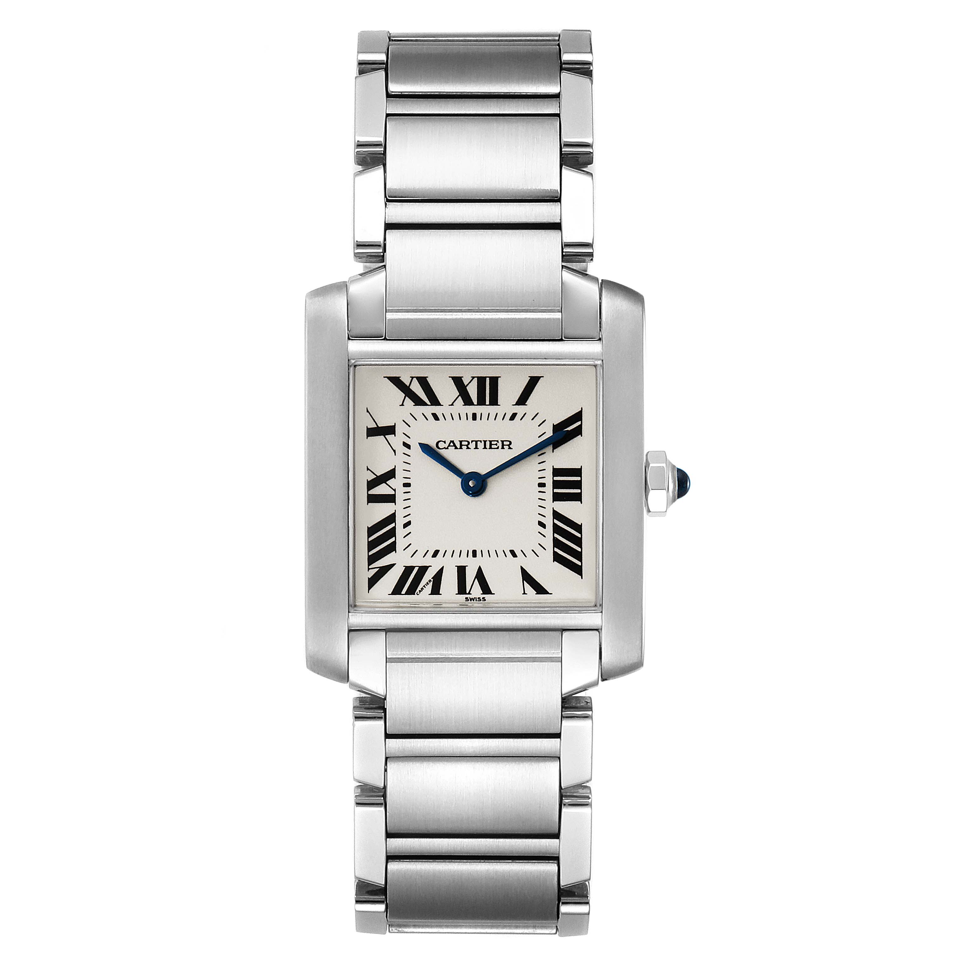 This image shows a front view of the Cartier Tank Française watch, featuring its rectangular face and stainless steel bracelet.