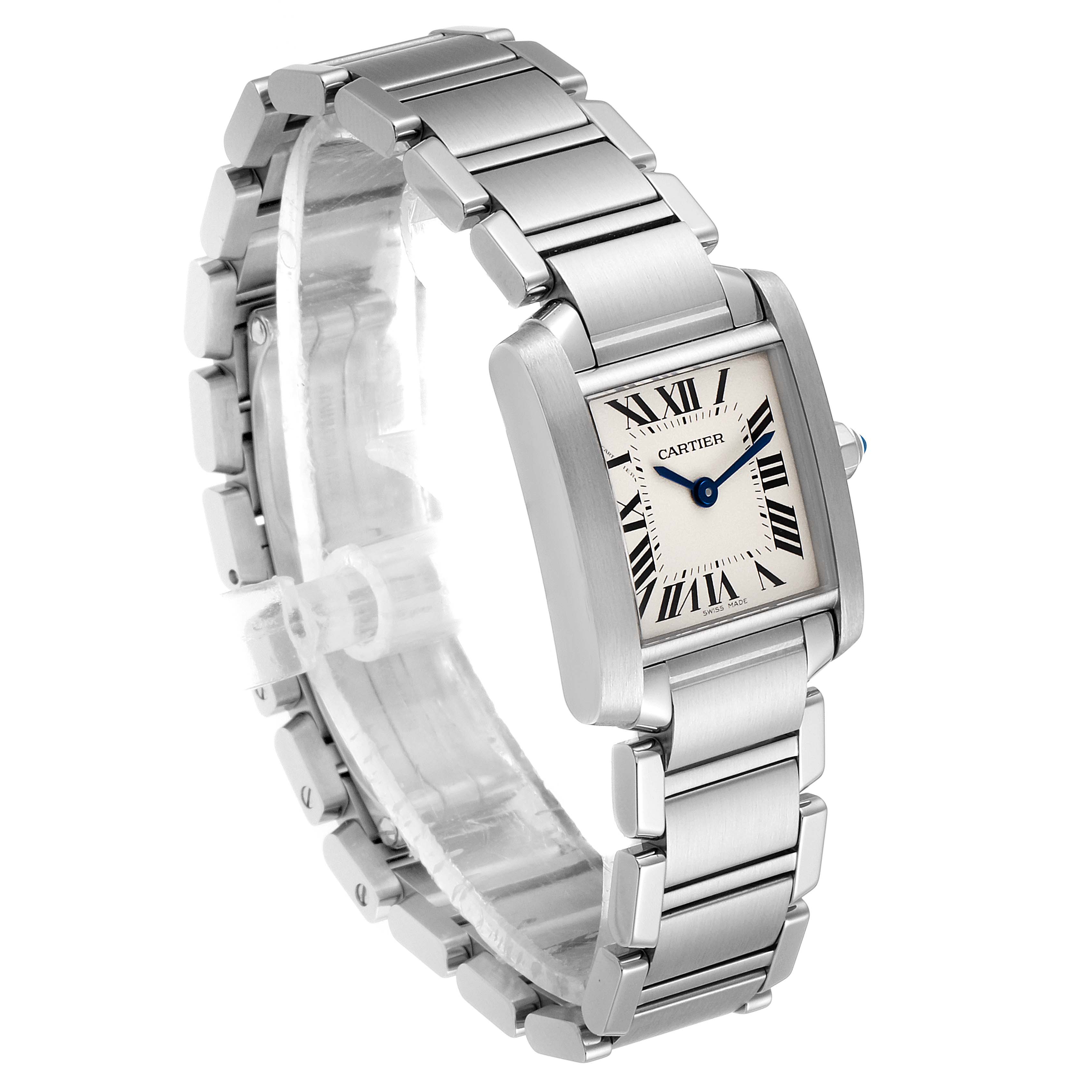 The image shows a Cartier Tank Francaise W51008Q3 Women
s Stainless Steel Silver Dial W51008Q3 Women
s Stainless Steel Silver Dial watch at an angle showcasing the face, crown, and bracelet.