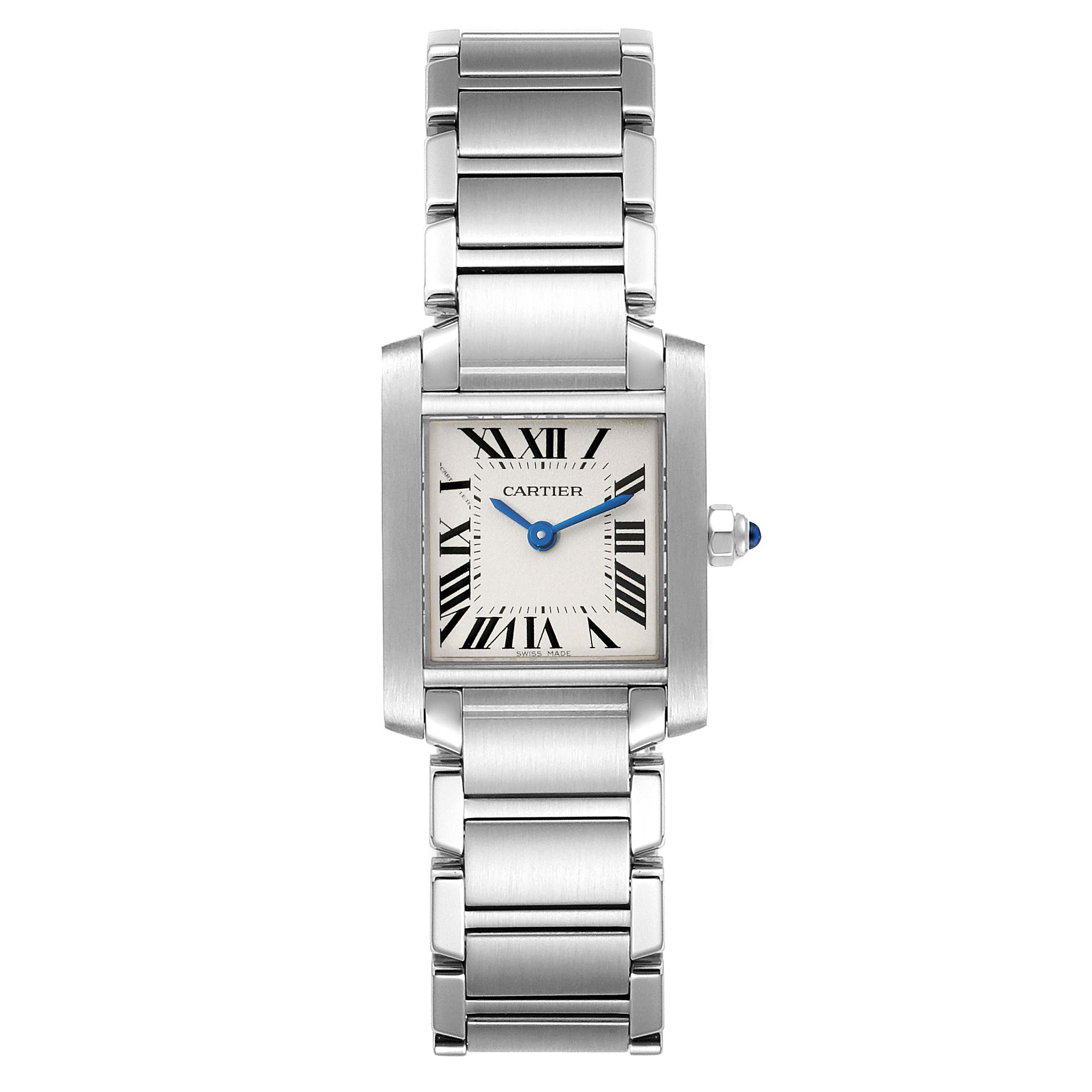The image shows a full frontal view of the Cartier Tank Francaise W51008Q3 Women
s Stainless Steel Silver Dial W51008Q3 Women
s Stainless Steel Silver Dial watch, highlighting its stainless steel bracelet, square dial, and Roman numeral markers.