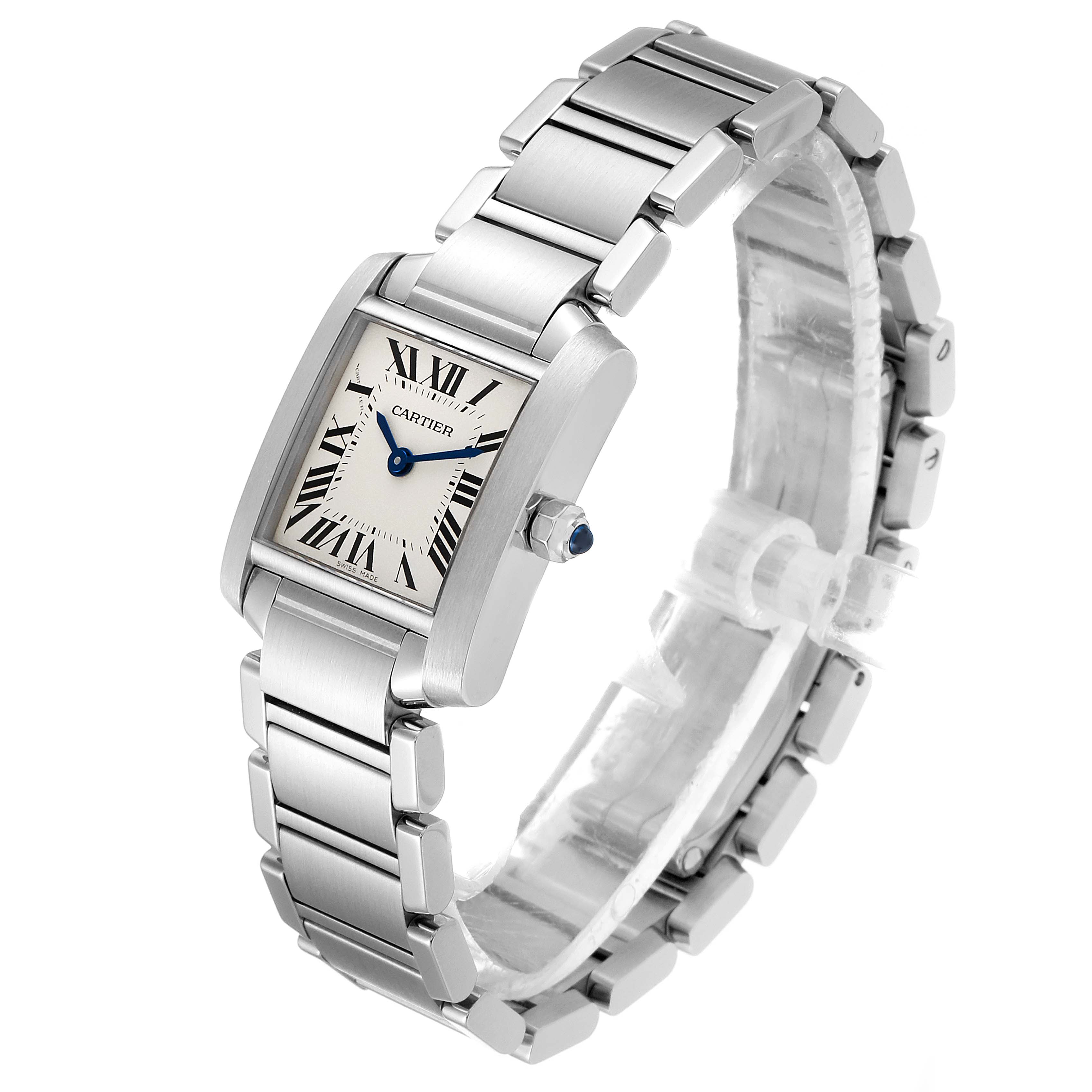 The image shows a Cartier Tank Francaise W51008Q3 Women
s Stainless Steel Silver Dial W51008Q3 Women
s Stainless Steel Silver Dial watch at an angle displaying its rectangular face, dial, crown, and metal bracelet.