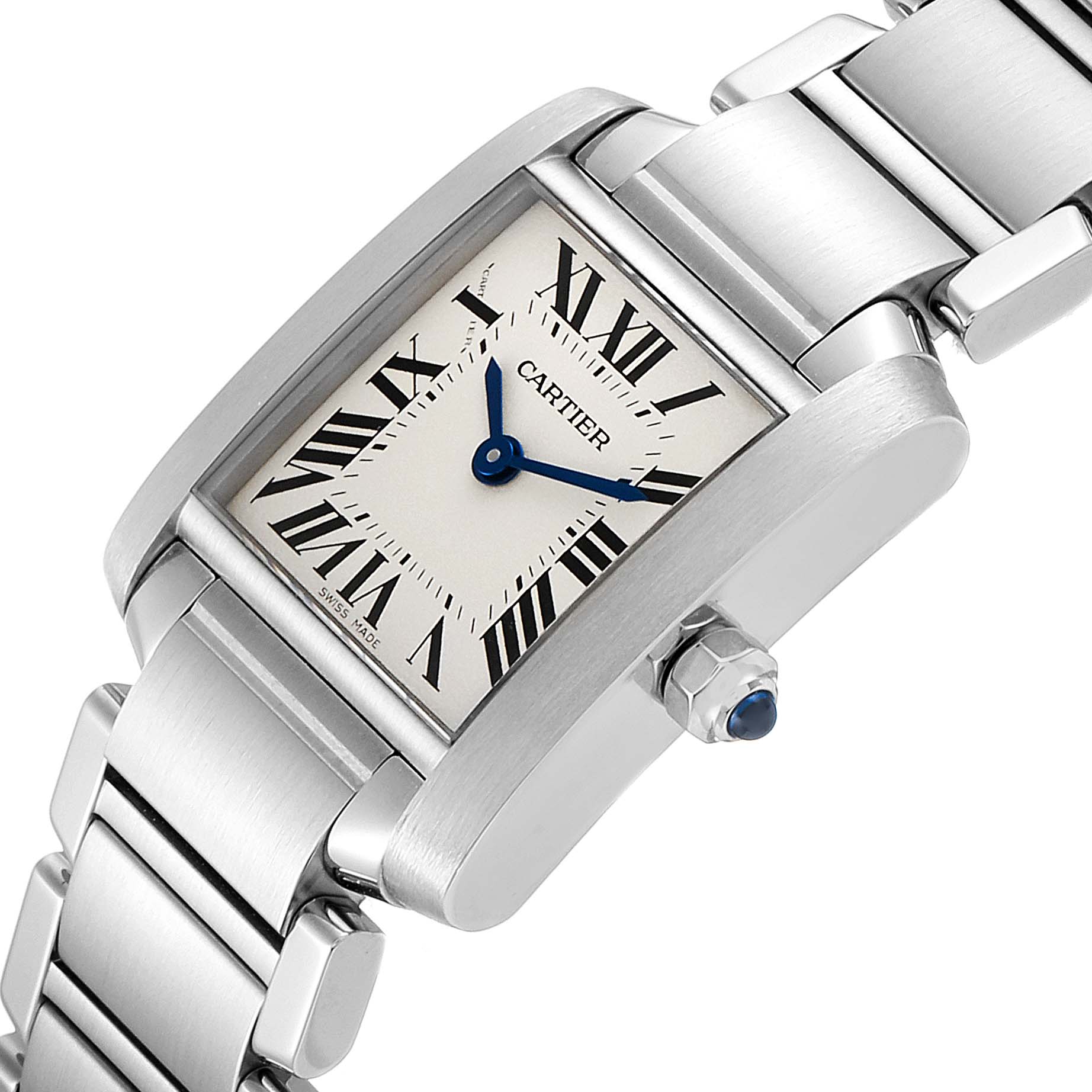 The image shows a Cartier Tank Francaise W51008Q3 Women
s Stainless Steel Silver Dial W51008Q3 Women
s Stainless Steel Silver Dial watch at an angled view, highlighting the face, bezel, and part of the metal bracelet.