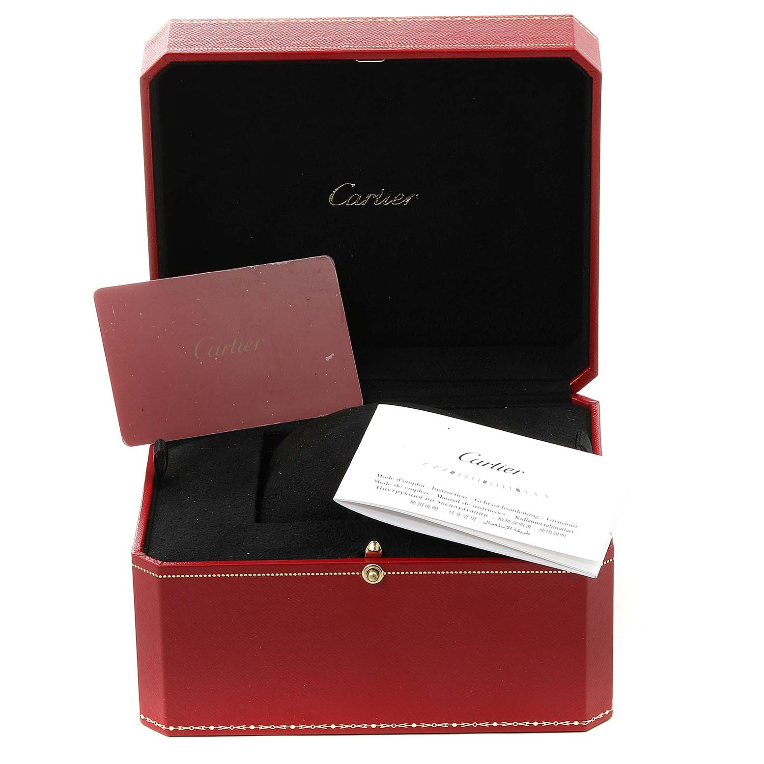 The image shows the open red case of a Cartier Tank Francaise W51008Q3 Women
s Stainless Steel Silver Dial W51008Q3 Women
s Stainless Steel Silver Dial model, along with cards and a booklet inside.