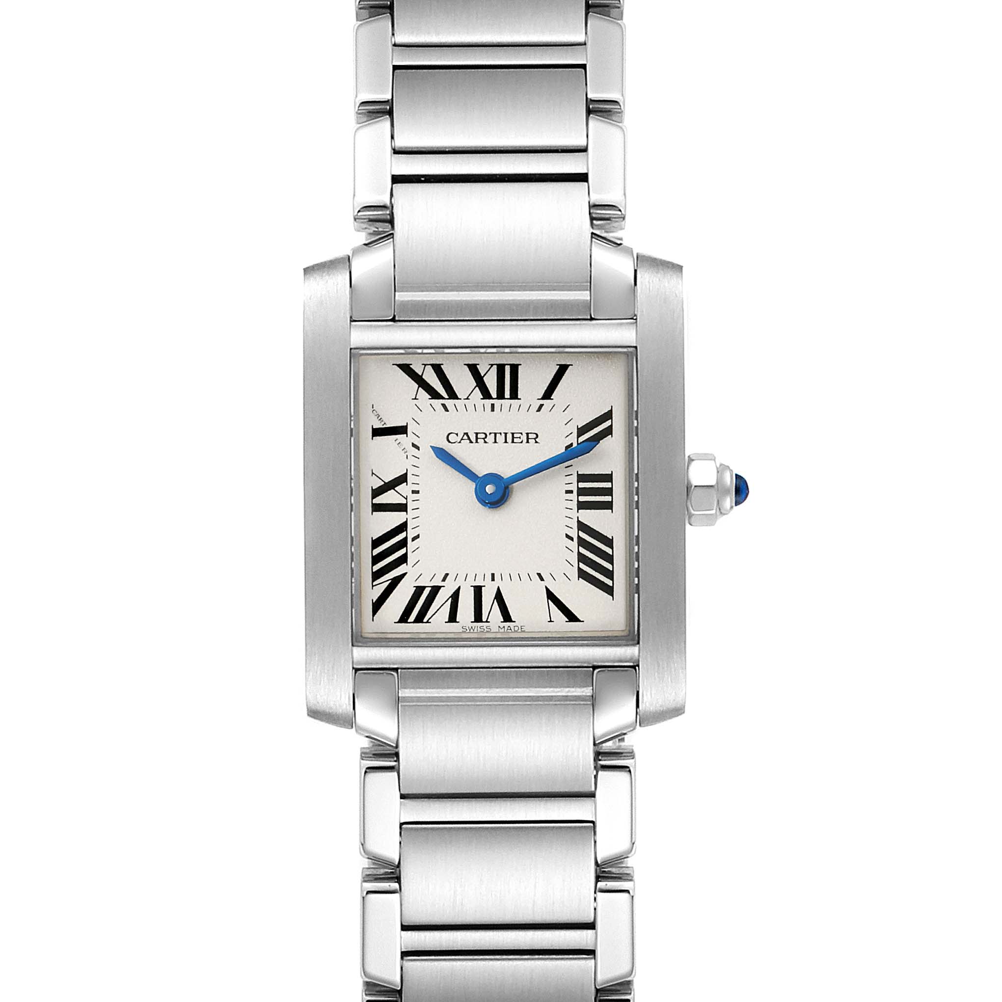 The Cartier Tank Francaise W51008Q3 Women
s Stainless Steel Silver Dial W51008Q3 Women
s Stainless Steel Silver Dial watch is shown from a front angle, displaying the face, bracelet, and blue hands.