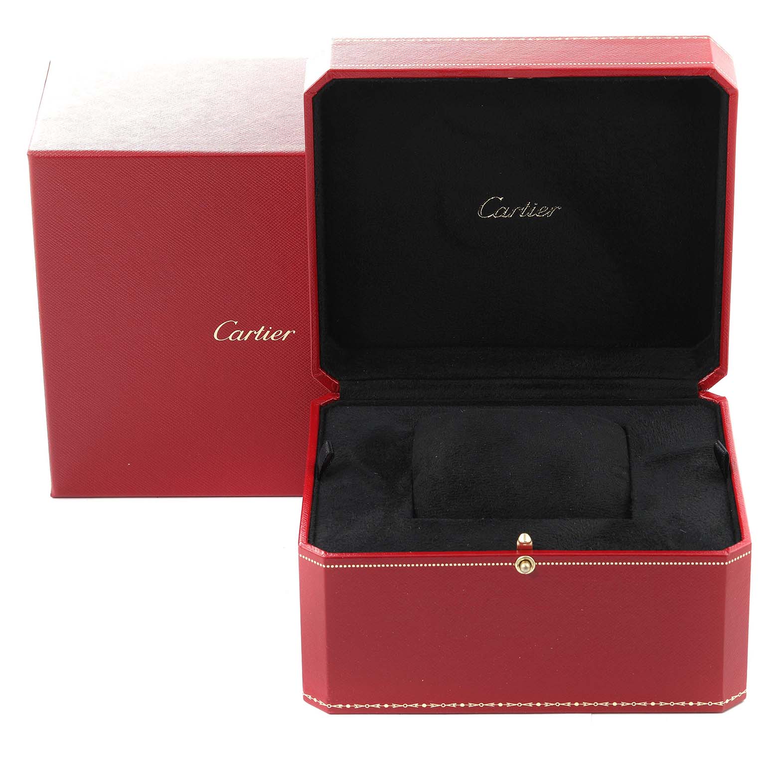 The image shows an open red watch box and outer box of the Tank Francaise model by Cartier.