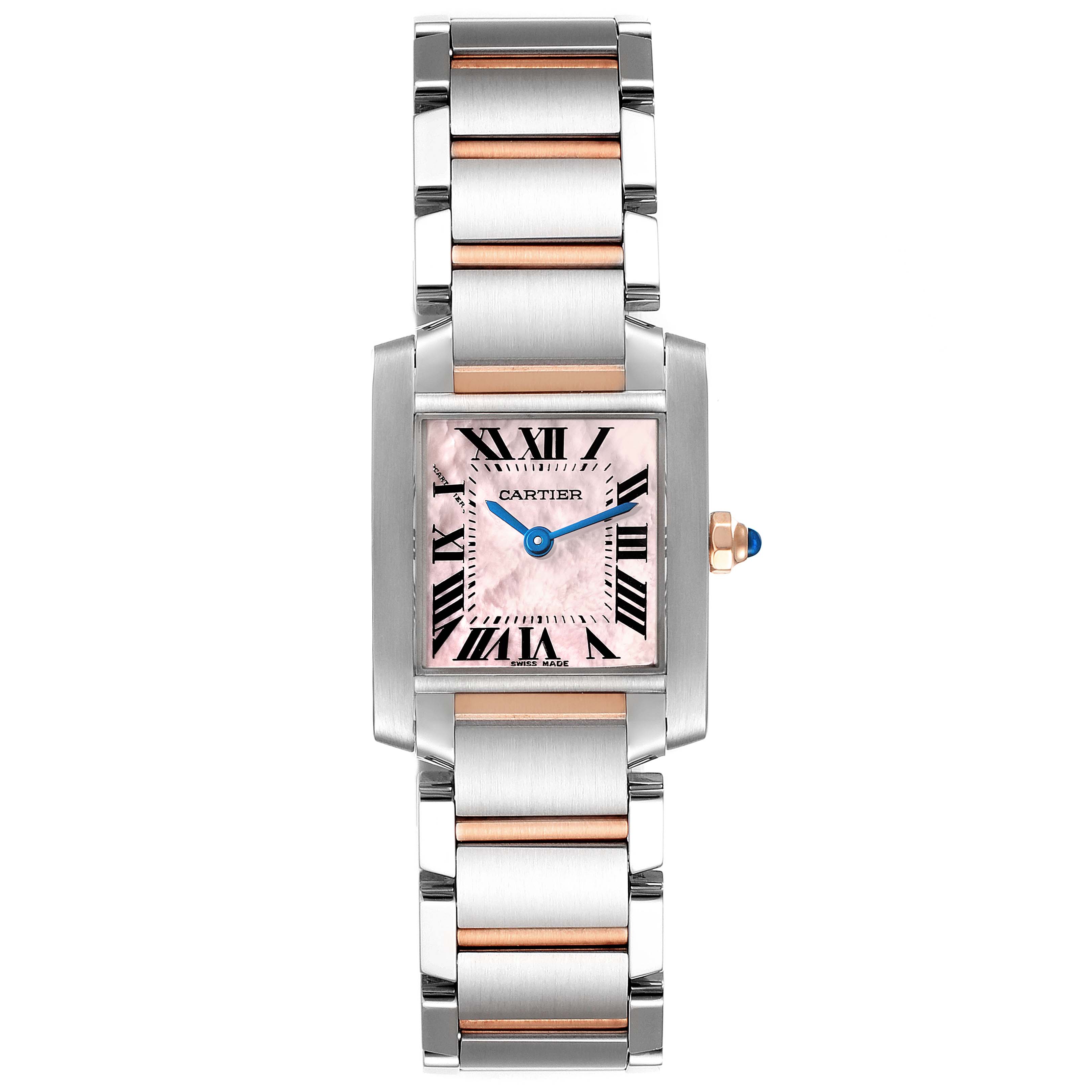 This image shows a Cartier Tank Francaise W51027Q4 Women's Steel and Gold (two tone) Mother of Pearl Dial W51027Q4 Women's Steel and Gold (two tone) Mother of Pearl Dial watch from a top-down angle, highlighting its face, bezel, and bracelet.