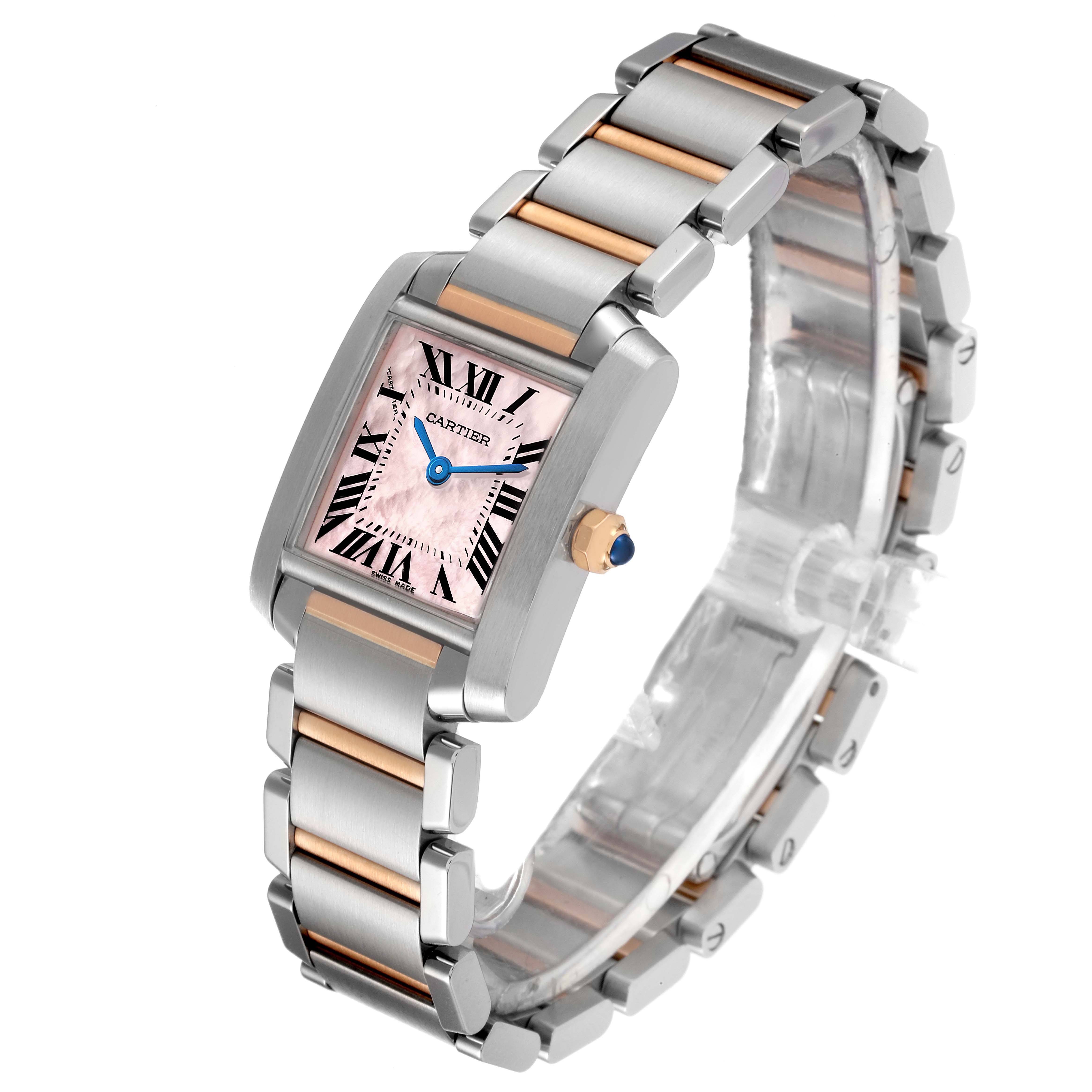 The image shows a Cartier Tank Francaise W51027Q4 Women's Steel and Gold (two tone) Mother of Pearl Dial W51027Q4 Women's Steel and Gold (two tone) Mother of Pearl Dial watch at a three-quarter angle highlighting the watch face, bracelet, and crown.