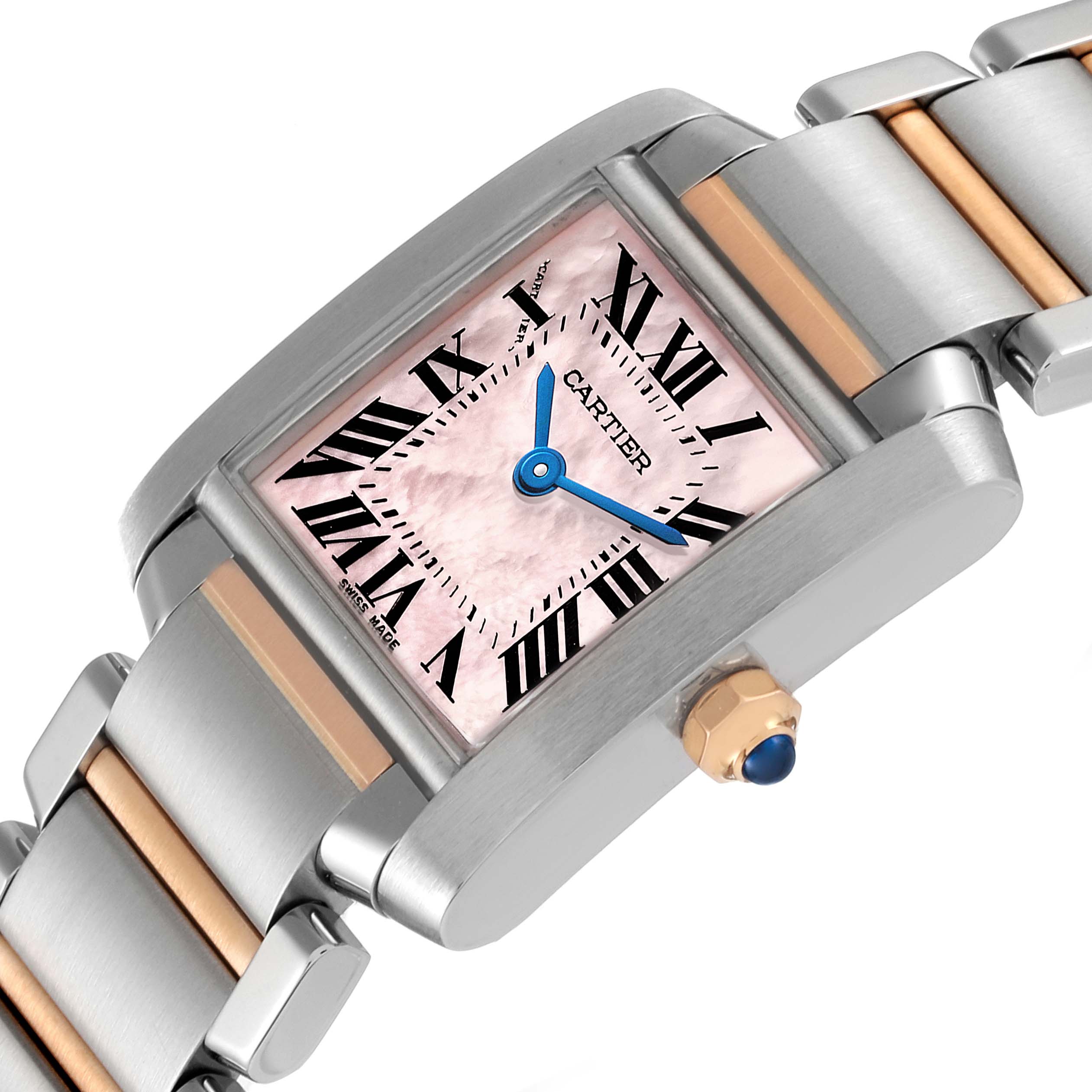 This Cartier Tank Francaise W51027Q4 Women's Steel and Gold (two tone) Mother of Pearl Dial W51027Q4 Women's Steel and Gold (two tone) Mother of Pearl Dial watch is shown at an oblique angle, highlighting its pink dial, blue hands, Roman numerals, and bi-metal bracelet.