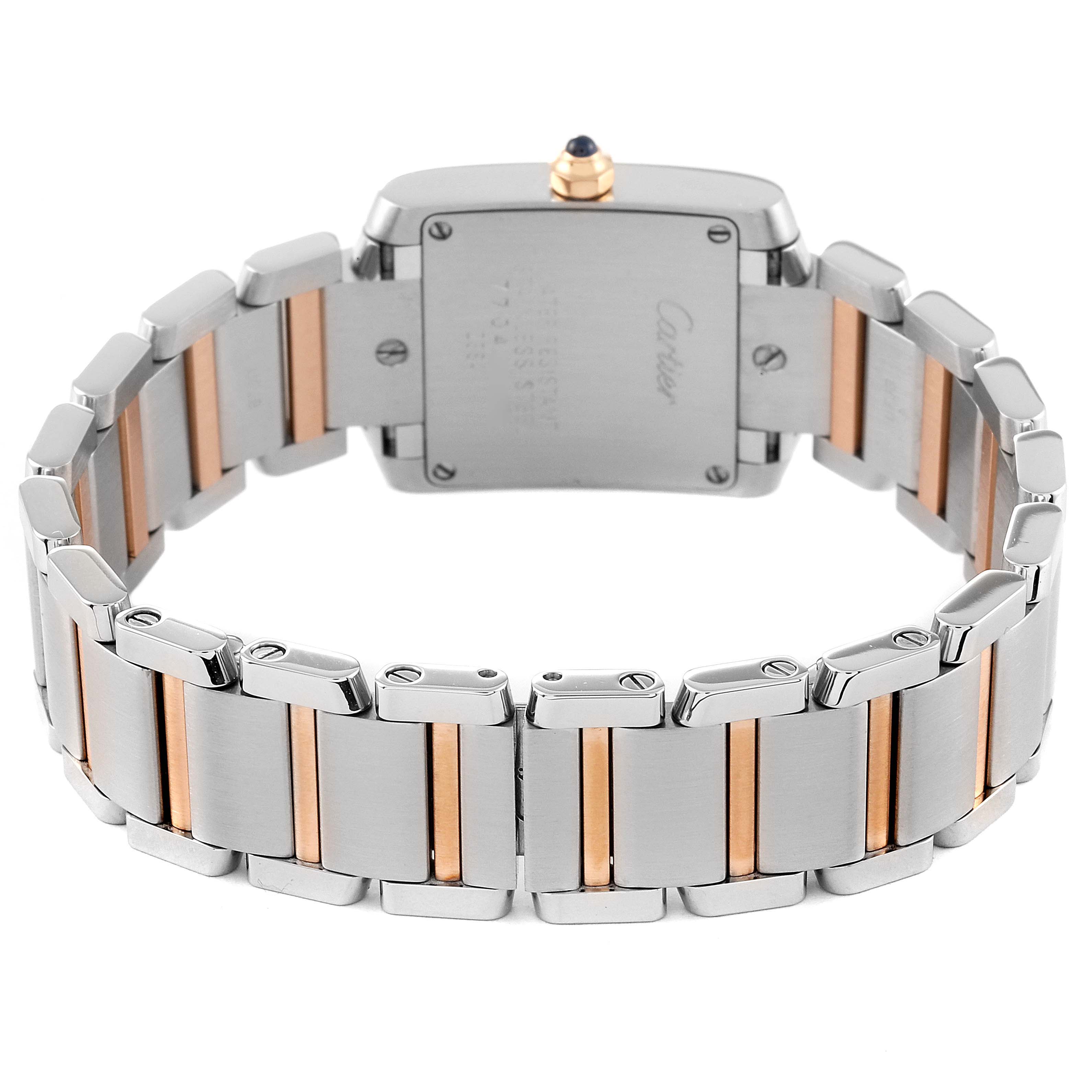 This image shows the back view of a Cartier Tank Francaise W51027Q4 Women's Steel and Gold (two tone) Mother of Pearl Dial W51027Q4 Women's Steel and Gold (two tone) Mother of Pearl Dial watch, highlighting its bi-color stainless steel and gold bracelet.