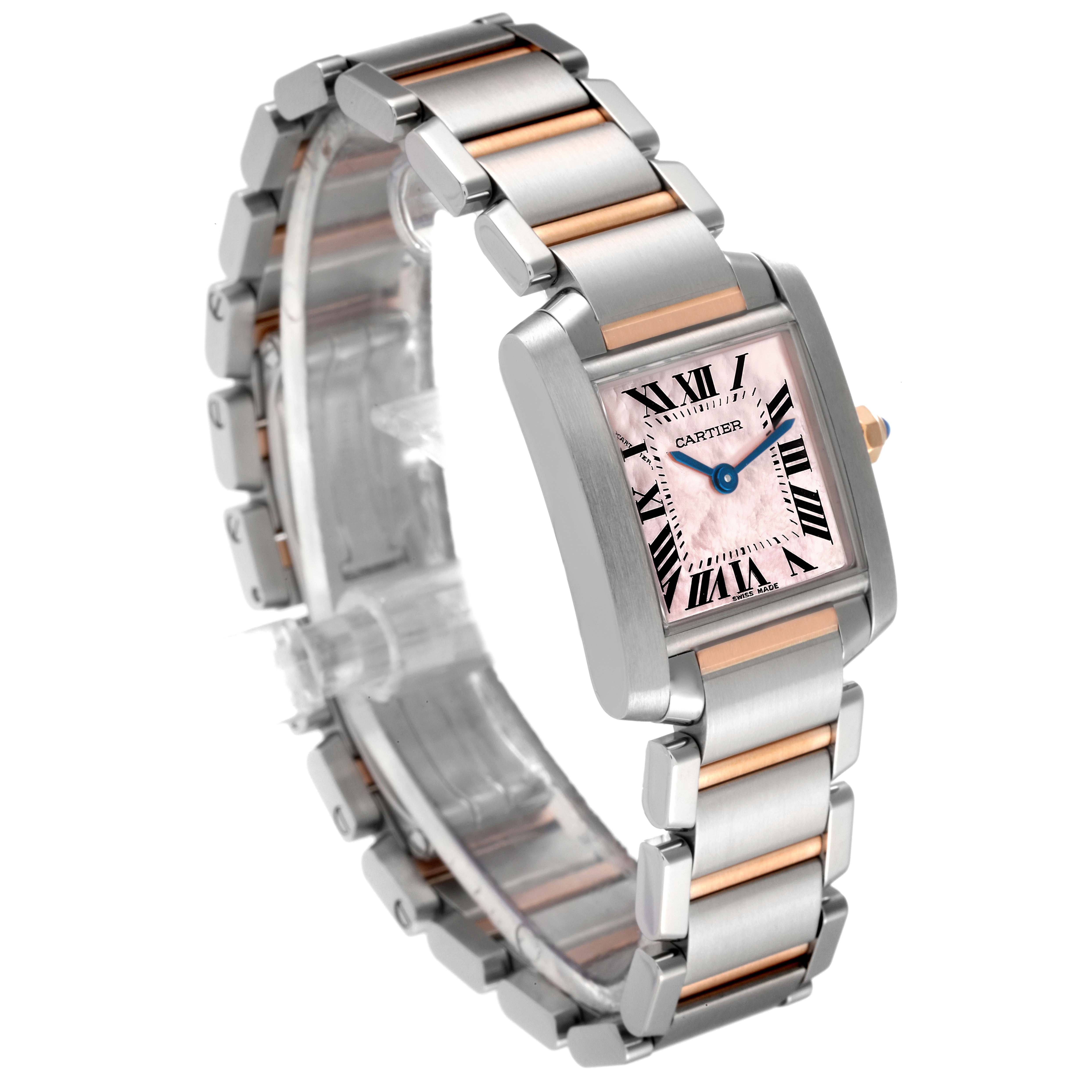 This image shows a Cartier Tank Francaise W51027Q4 Women's Steel and Gold (two tone) Mother of Pearl Dial W51027Q4 Women's Steel and Gold (two tone) Mother of Pearl Dial watch at a slight angled view, displaying its rectangular face and metal bracelet with pink accents.