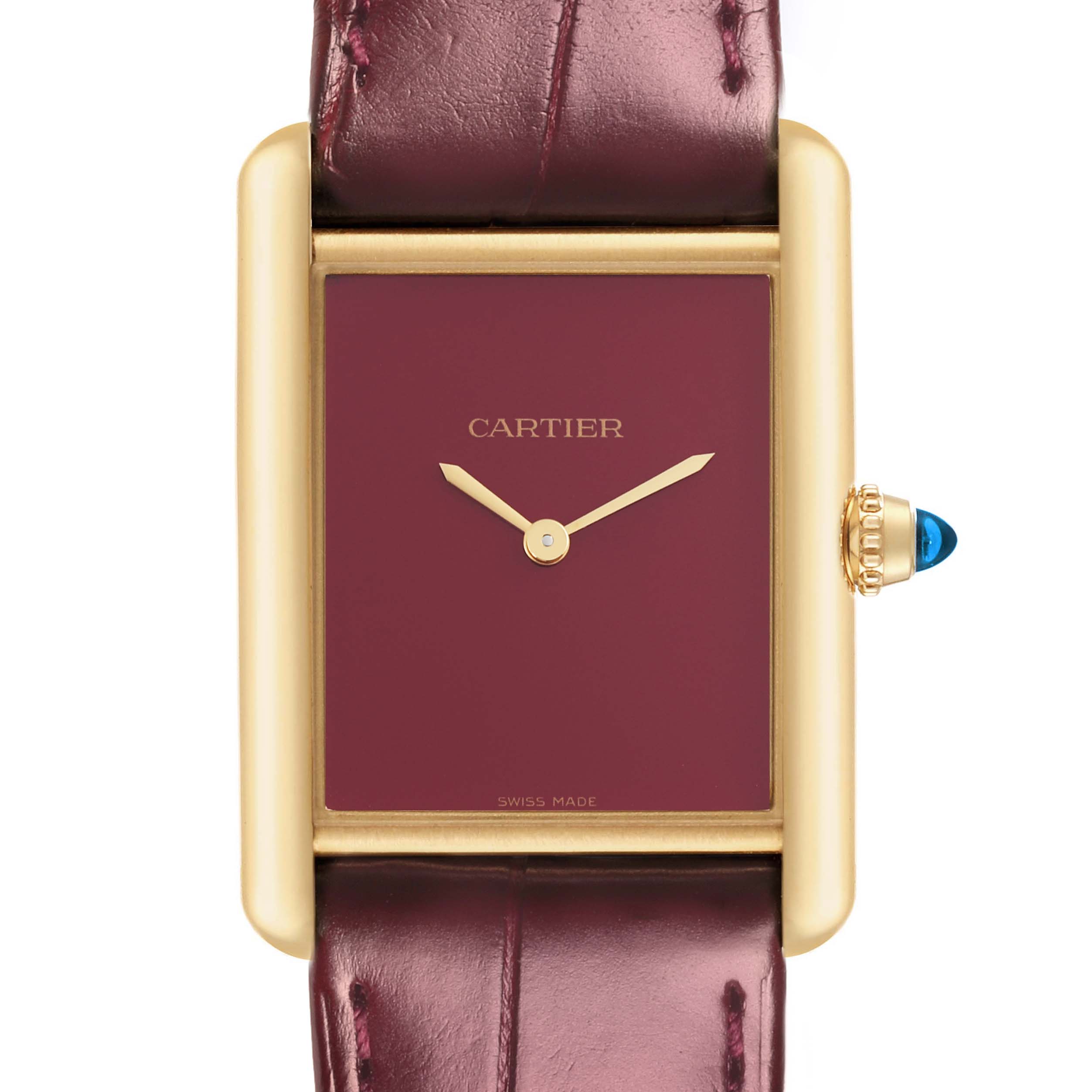 The Cartier Tank Louis WGTA0190 Men's Yellow Gold Burgundy Dial WGTA0190 Men's Yellow Gold Burgundy Dial watch is shown from the front, highlighting its gold case, burgundy dial, and leather strap.