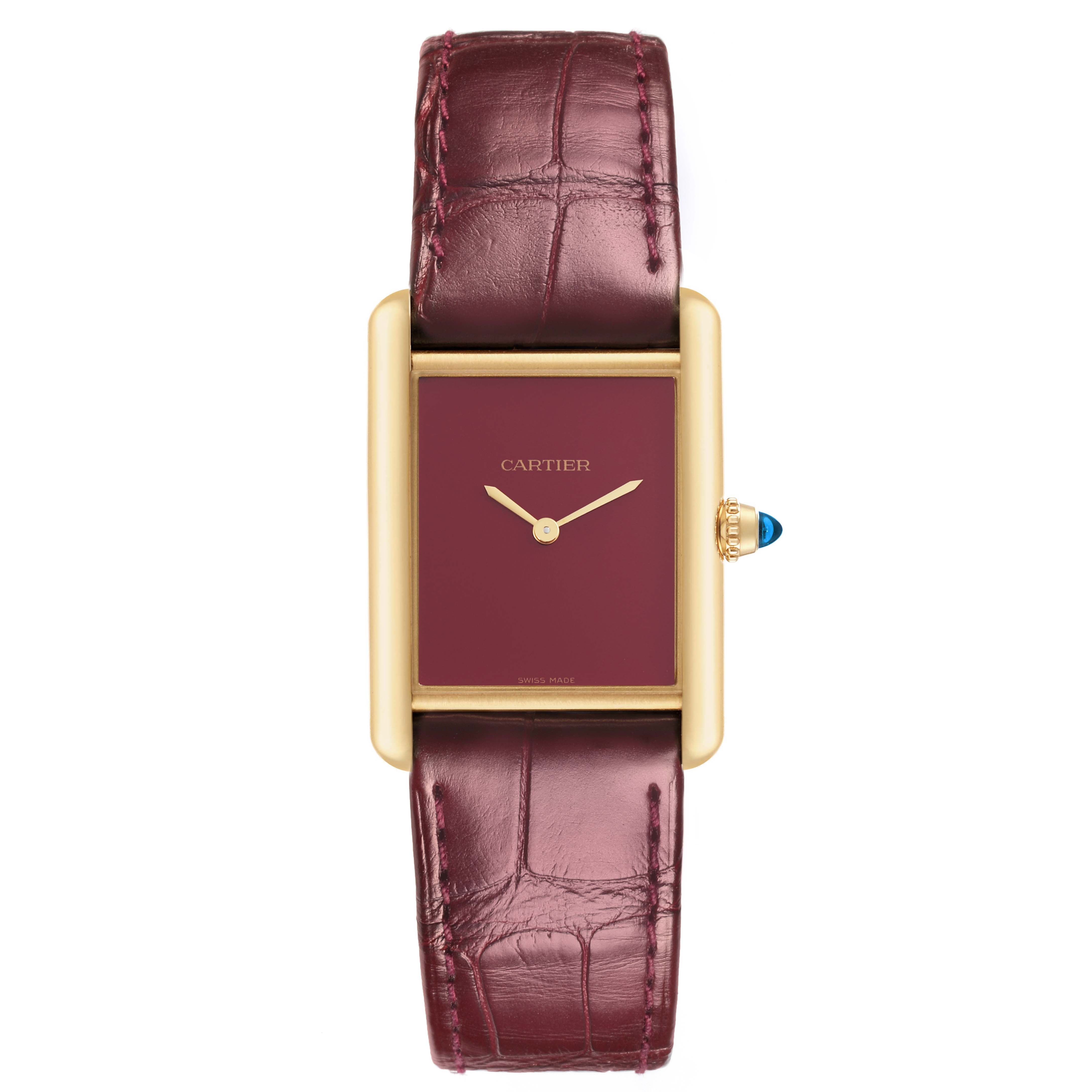 The Cartier Tank Louis WGTA0190 Men's Yellow Gold Burgundy Dial WGTA0190 Men's Yellow Gold Burgundy Dial watch is shown from a top-down angle, highlighting its face, case, crown, and strap.