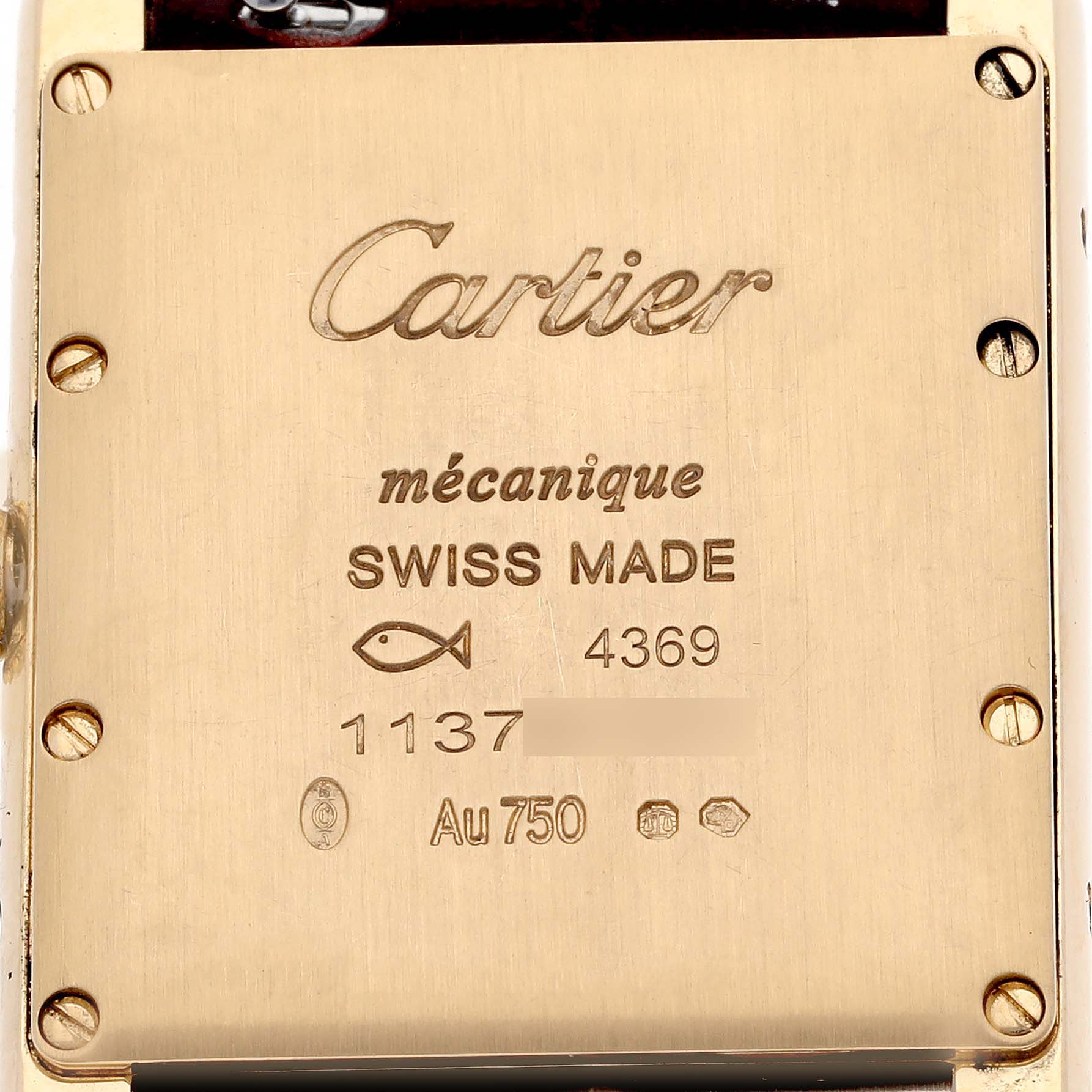 The image shows the back case of the Cartier Tank Louis WGTA0190 Men's Yellow Gold Burgundy Dial WGTA0190 Men's Yellow Gold Burgundy Dial watch with engraved details and markings.