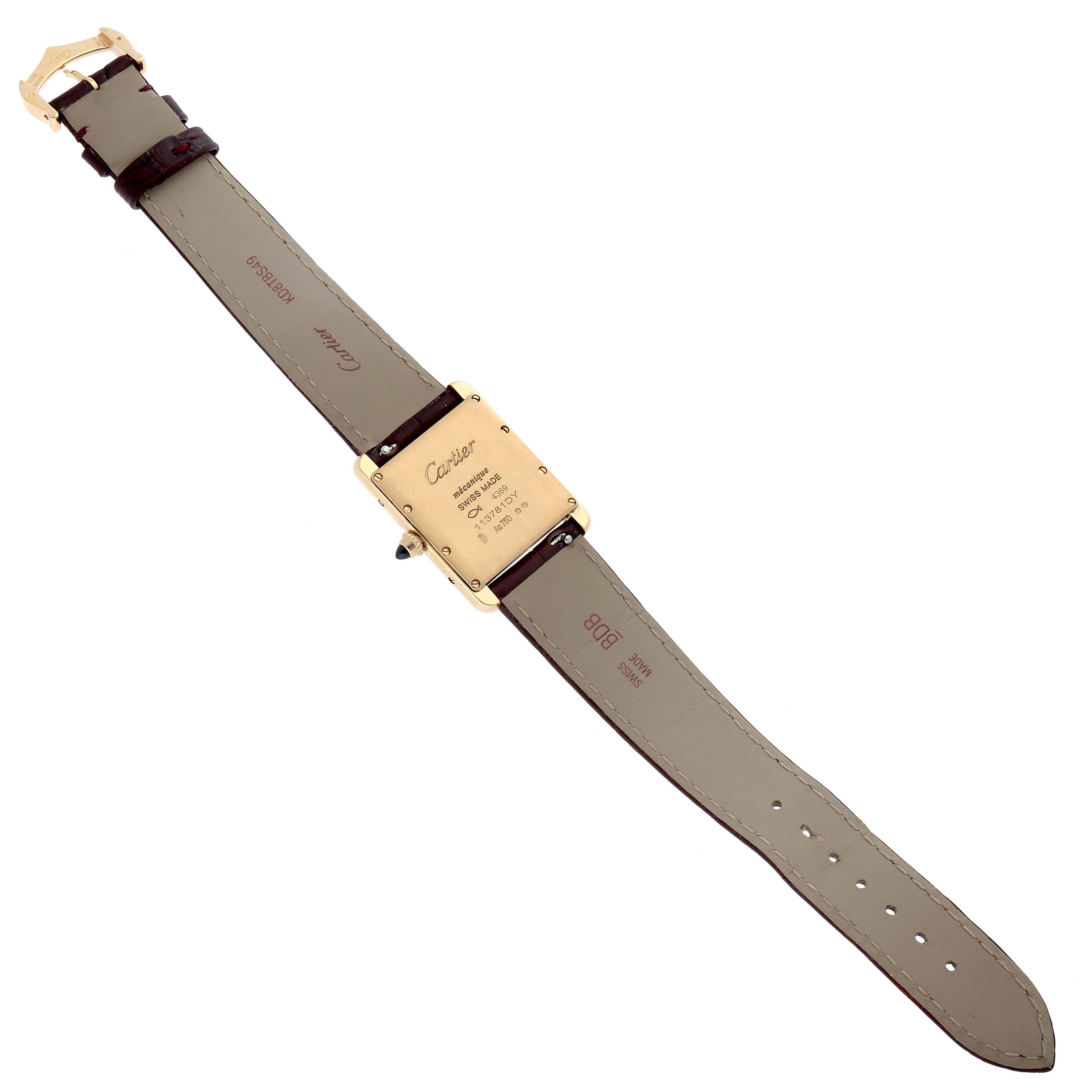 The Cartier Tank Louis WGTA0190 Men's Yellow Gold Burgundy Dial WGTA0190 Men's Yellow Gold Burgundy Dial watch is shown from the back, highlighting its case back, strap, and clasp.