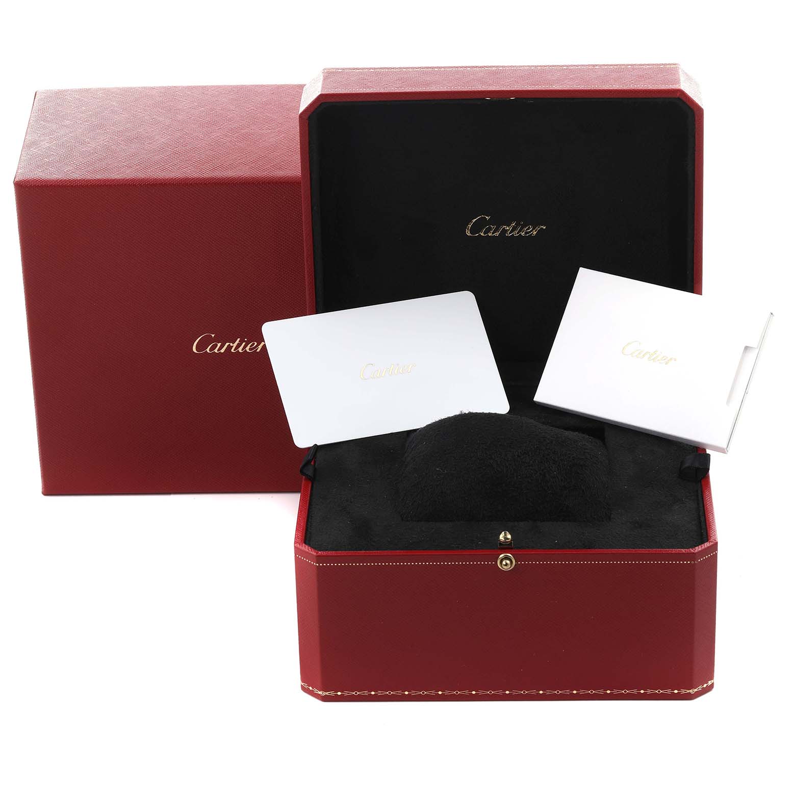 The image shows the Cartier Tank Louis WGTA0190 Men's Yellow Gold Burgundy Dial WGTA0190 Men's Yellow Gold Burgundy Dial watch accessories, including the red box, warranty card, and booklet from a front angle.