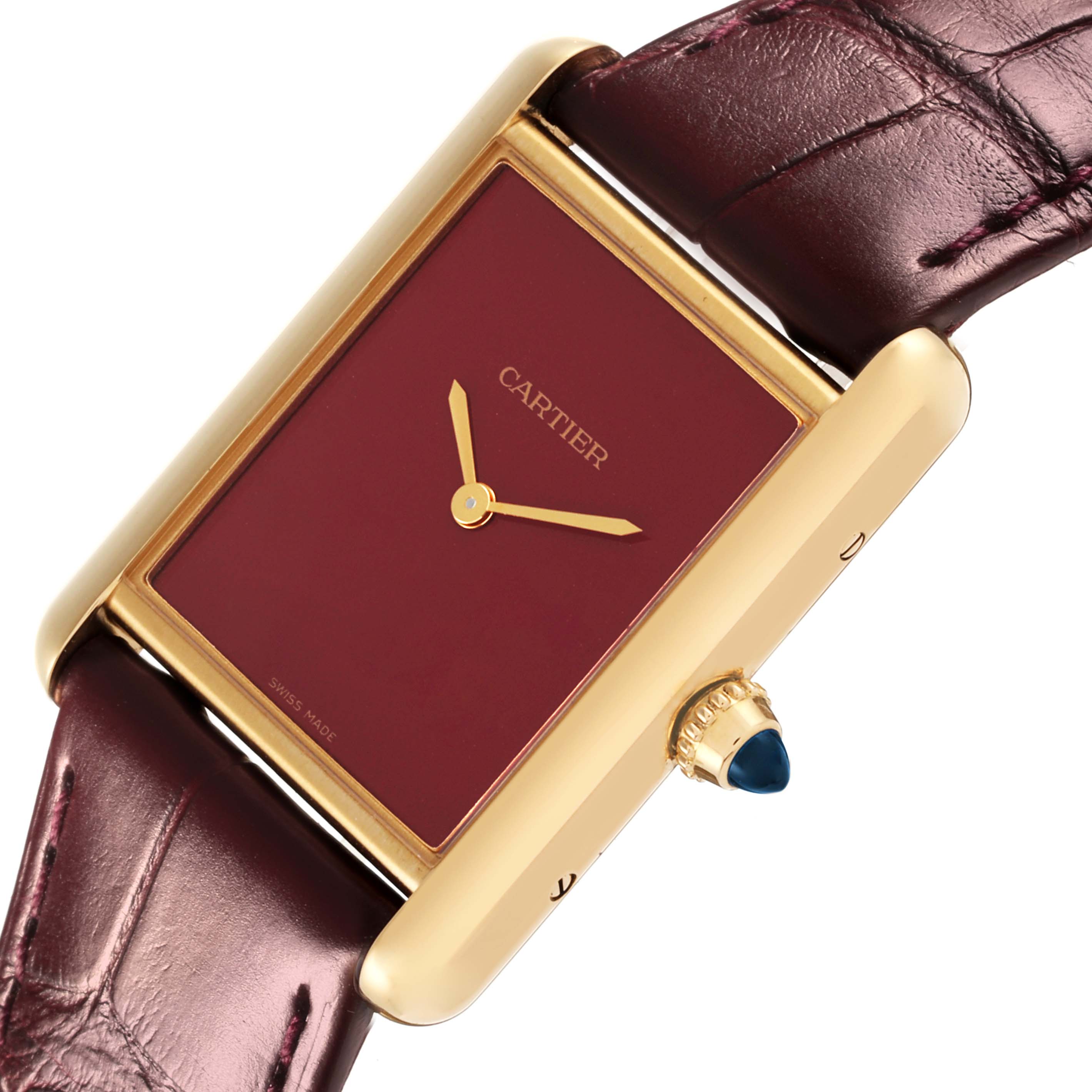 The Cartier Tank Louis WGTA0190 Men's Yellow Gold Burgundy Dial WGTA0190 Men's Yellow Gold Burgundy Dial watch is shown at an angled view highlighting its face, gold case, burgundy strap, and blue cabochon crown.