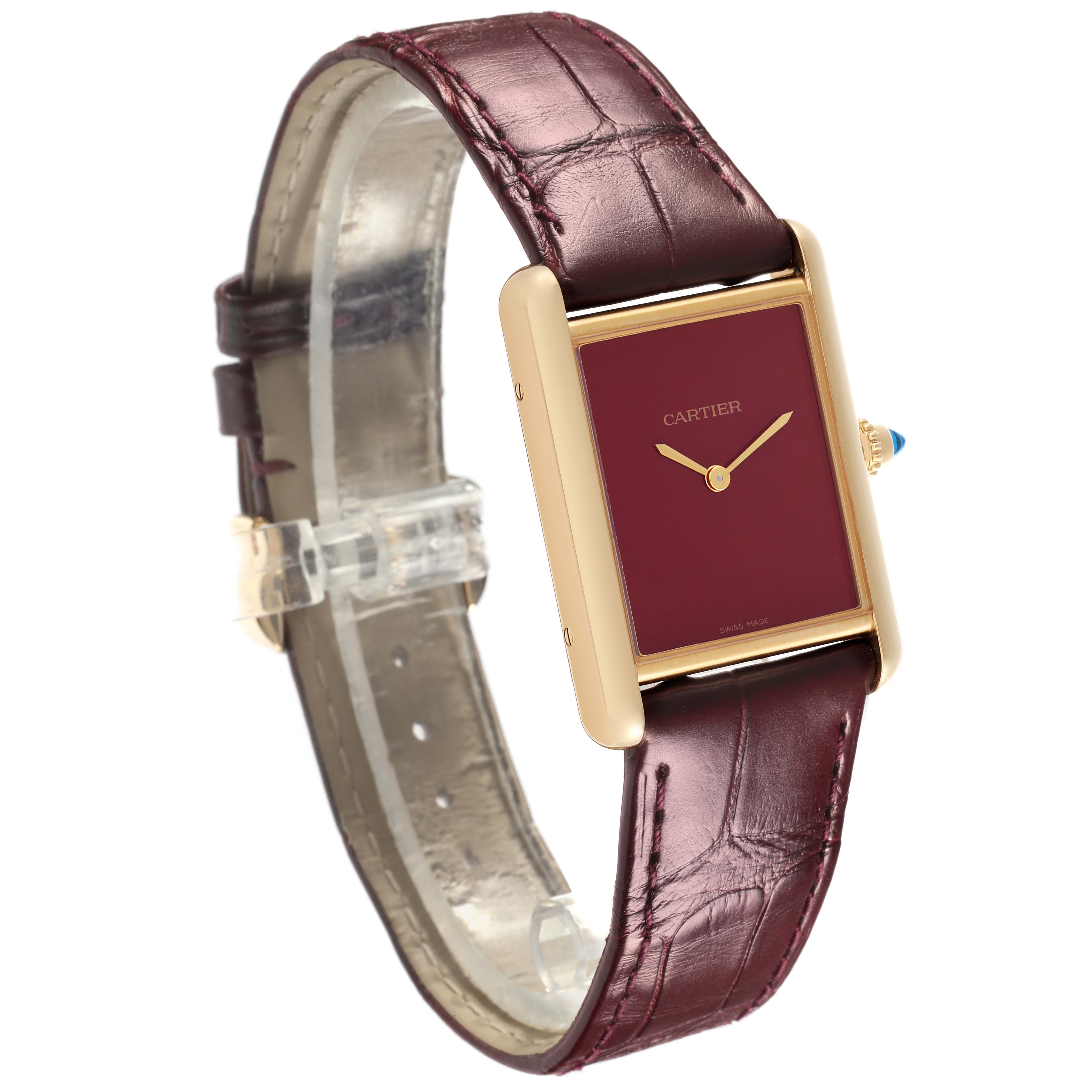 The image shows a Cartier Tank Louis WGTA0190 Men's Yellow Gold Burgundy Dial WGTA0190 Men's Yellow Gold Burgundy Dial watch at a three-quarter angle, highlighting the face, case, and strap.