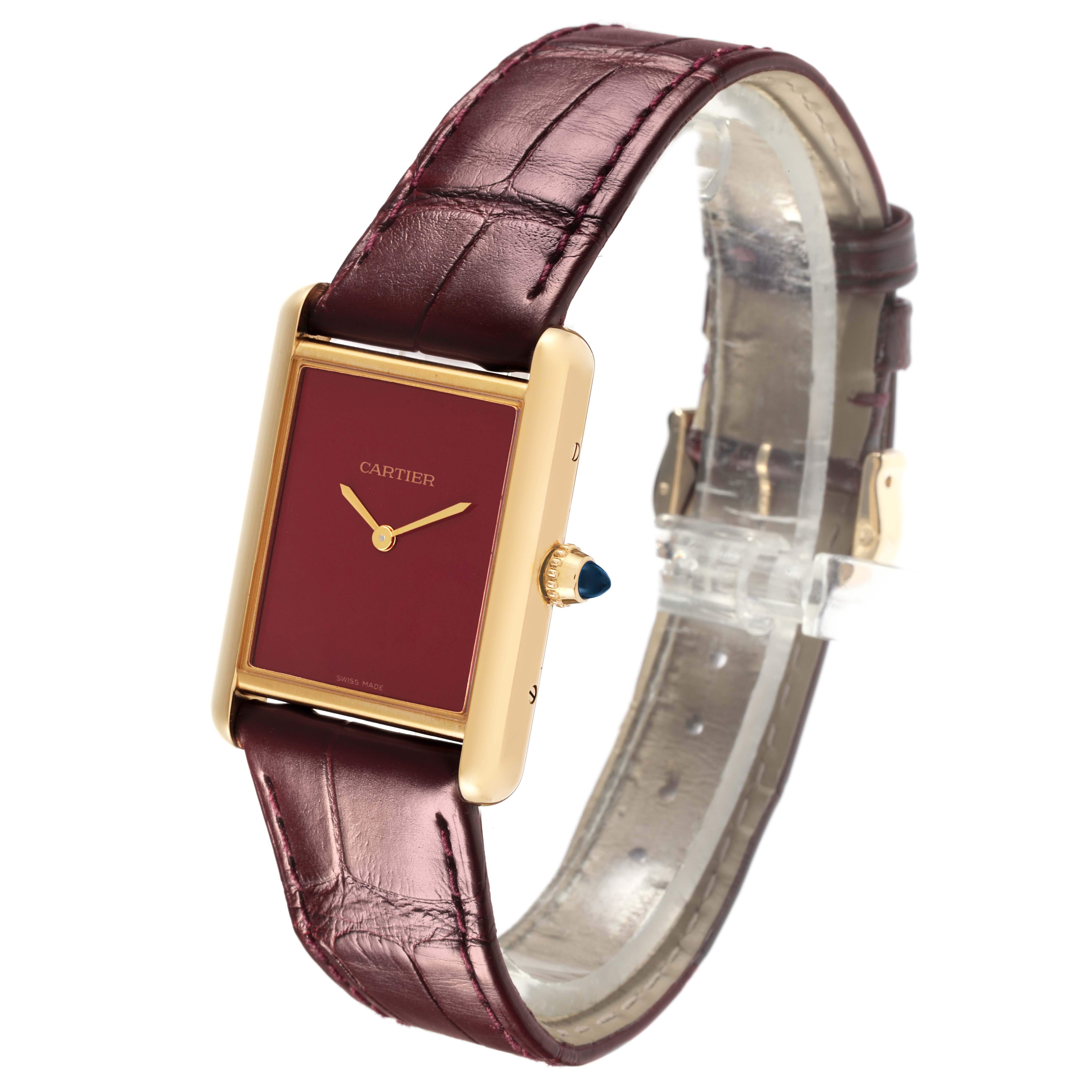 The Cartier Tank Louis WGTA0190 Men's Yellow Gold Burgundy Dial WGTA0190 Men's Yellow Gold Burgundy Dial watch is shown at an angled side view highlighting the face, case, crown, and strap.