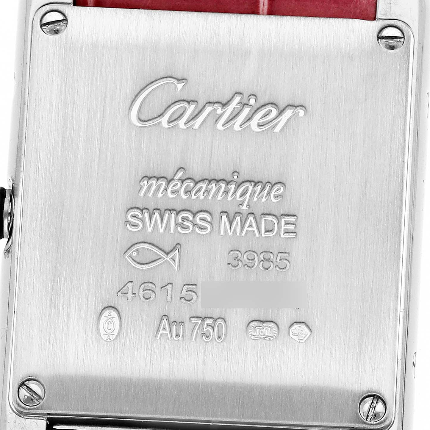 The image shows the back case of a Cartier Tank Louis WJTA0011 Women's White Gold Silver Dial watch, displaying engravings and screws.