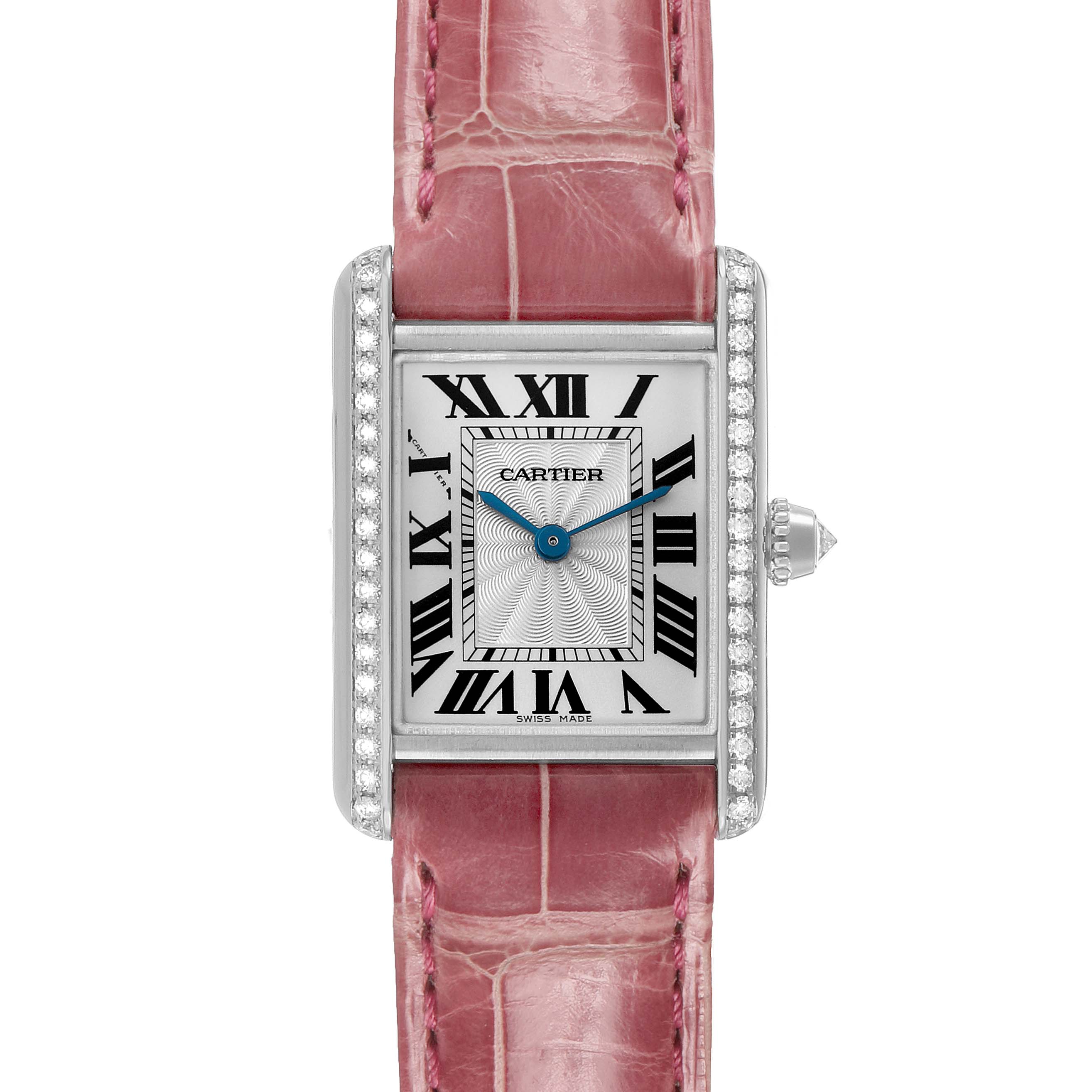 The Cartier Tank Louis WJTA0011 Women's White Gold Silver Dial watch is shown from a top-down angle, highlighting its rectangular face, diamond-set bezel, and pink strap.