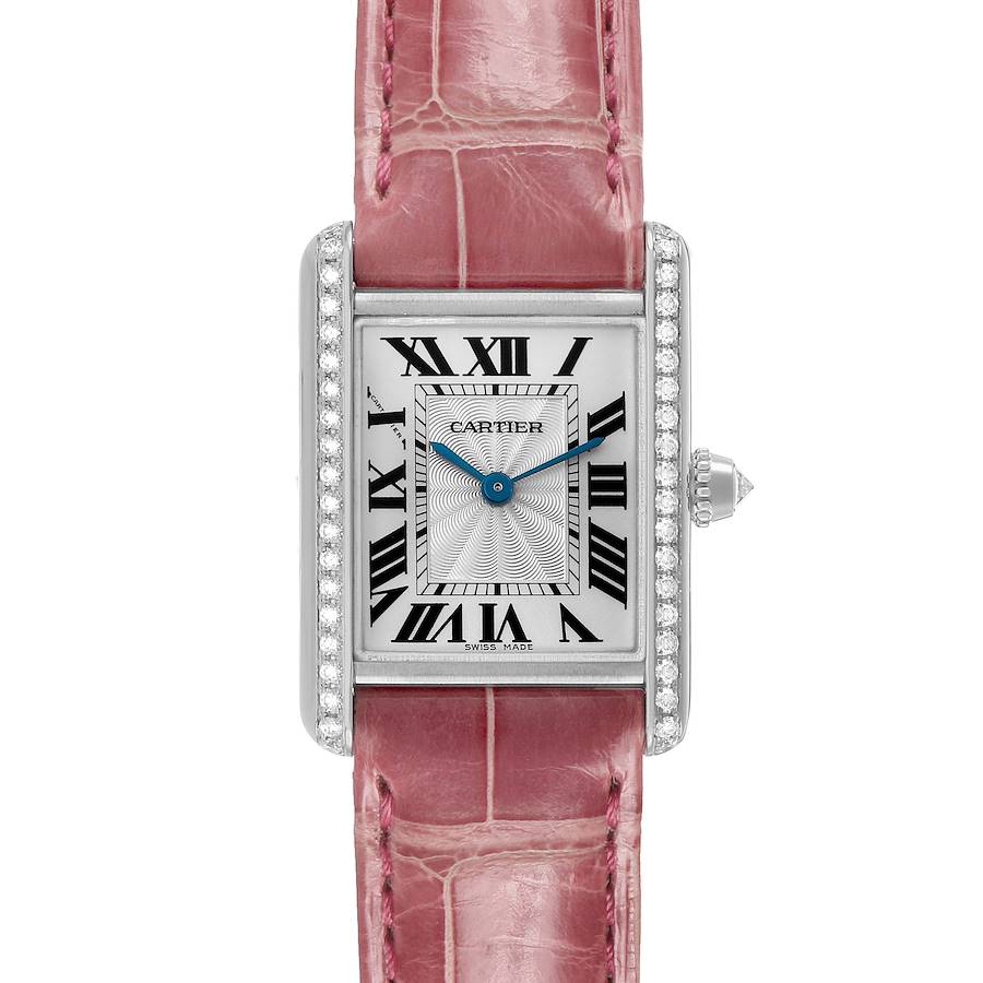 The Cartier Tank Louis WJTA0011 Women's White Gold Silver Dial watch is shown from a top-down angle, highlighting its rectangular face, diamond-set bezel, and pink strap.