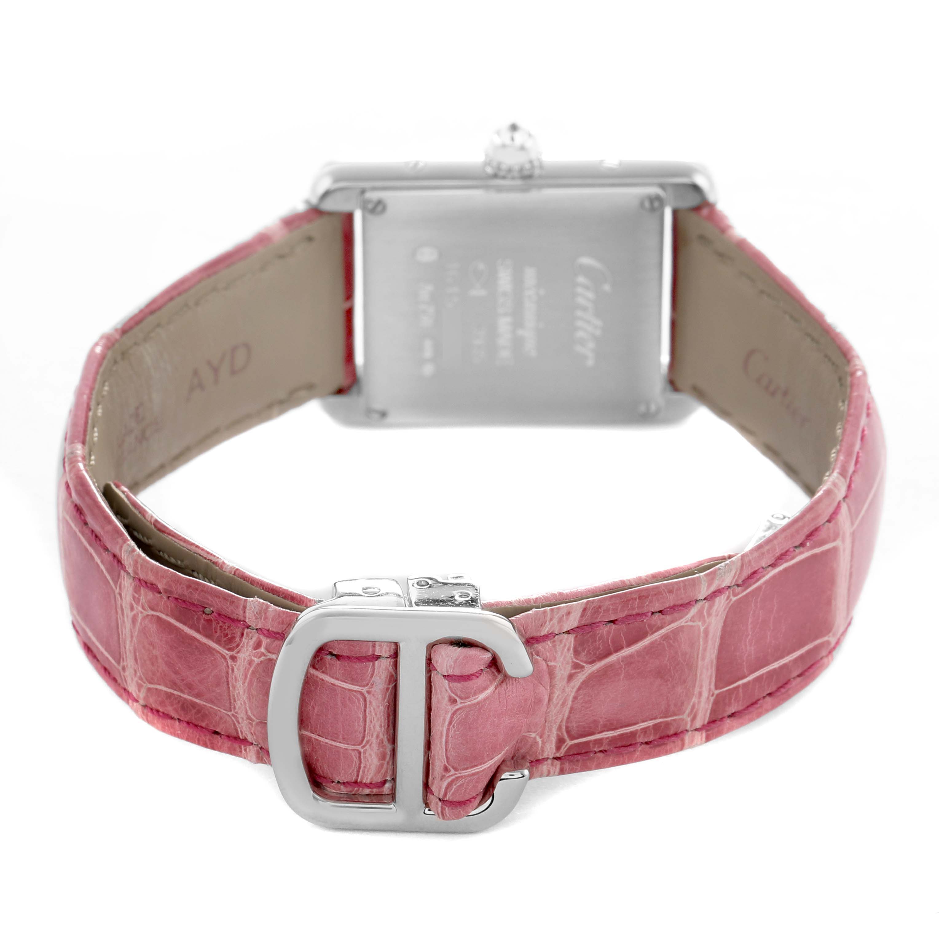 The image shows the back of a Cartier Tank Louis WJTA0011 Women's White Gold Silver Dial watch with a pink strap and visible clasp.