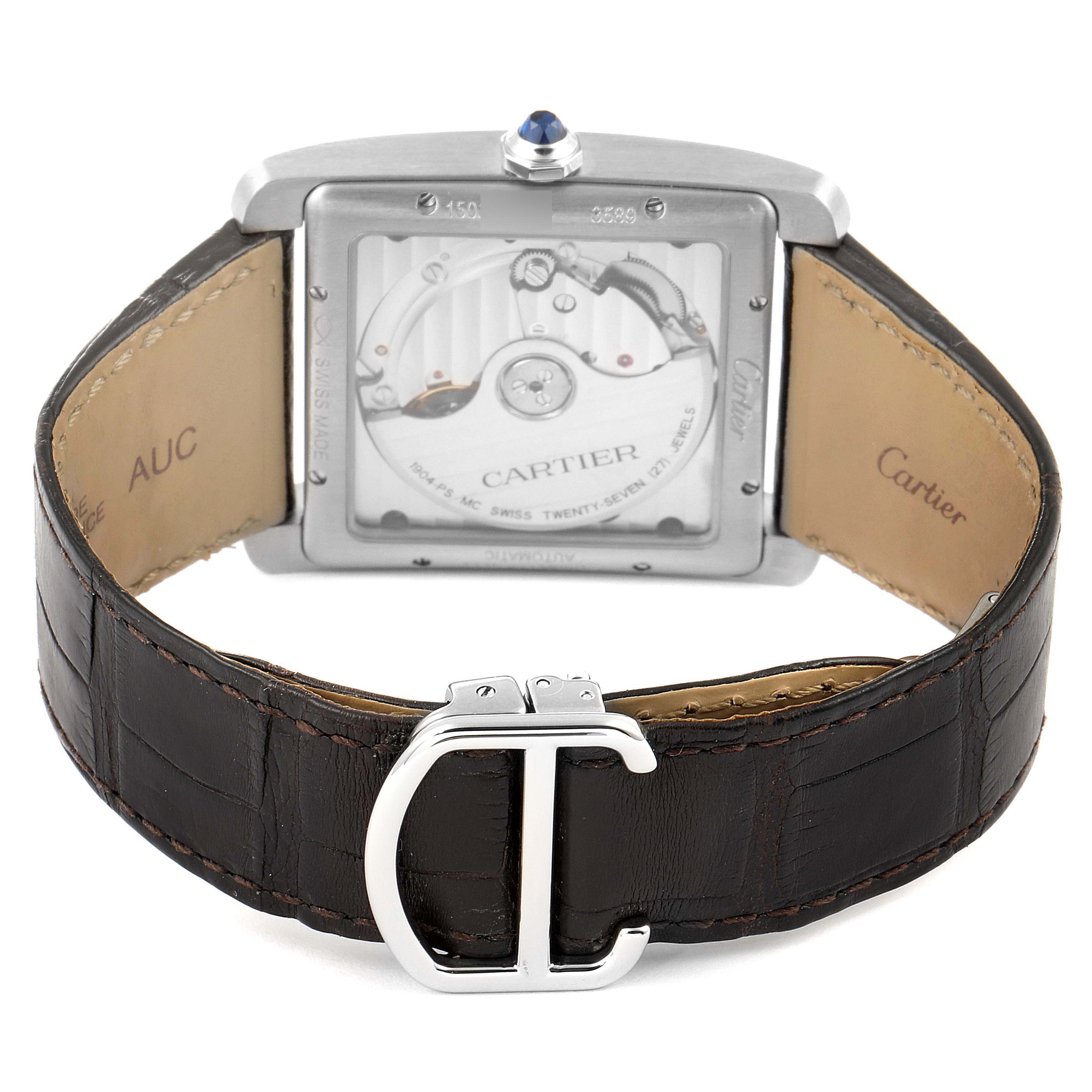 This image shows the back view of a Cartier Tank MC W5330004 Men's Stainless Steel Black Dial W5330004 Men's Stainless Steel Black Dial watch, highlighting the movement inside, the leather strap, and the buckle.