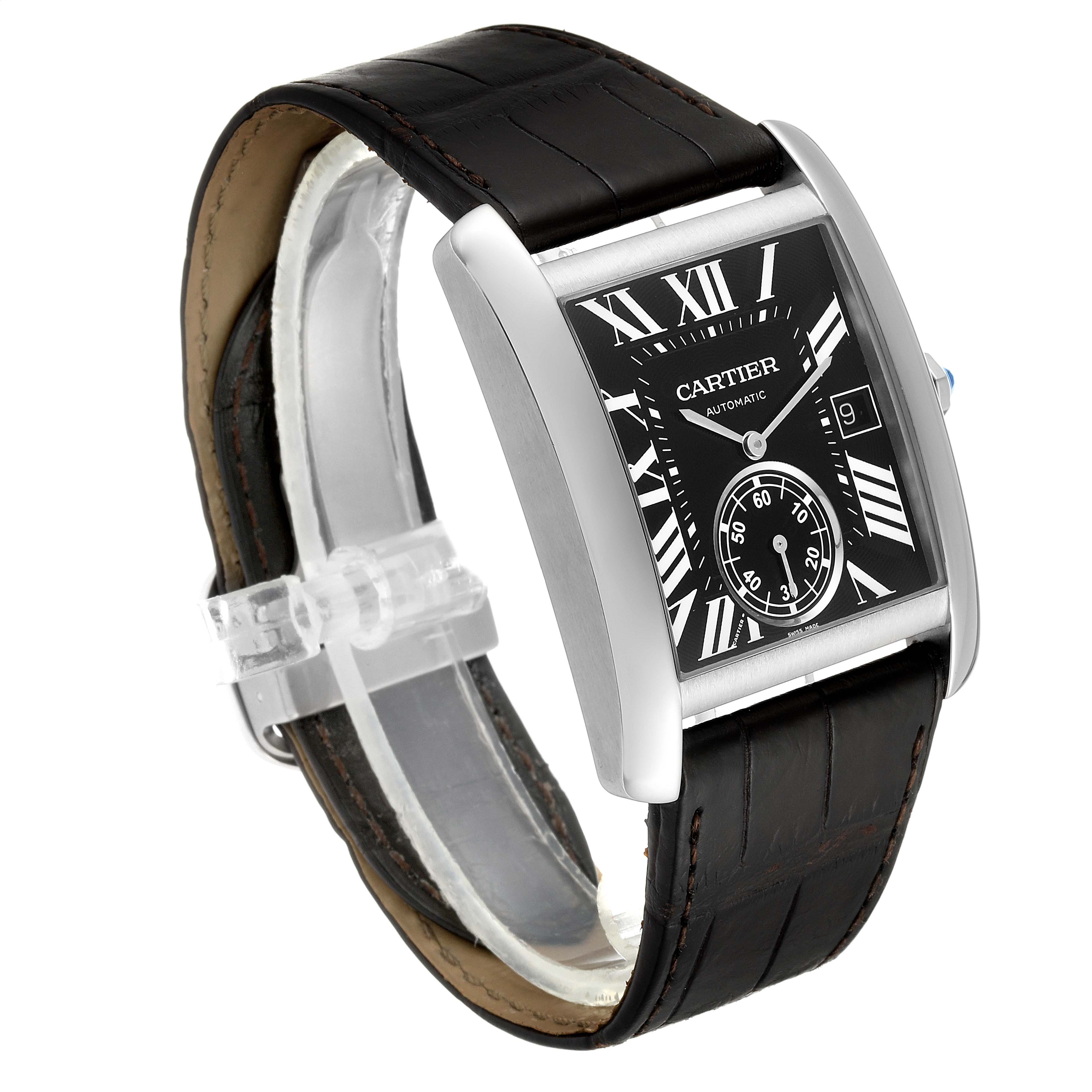 The image shows a Cartier Tank MC W5330004 Men's Stainless Steel Black Dial W5330004 Men's Stainless Steel Black Dial watch angled slightly from the left, displaying the face, crown, and leather strap.