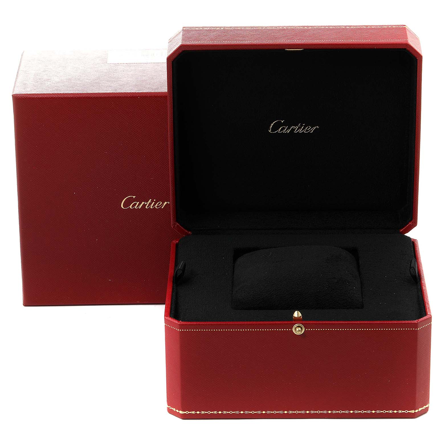 The image shows an open red Cartier watch box for the Tank MC model, revealing a black cushion inside.