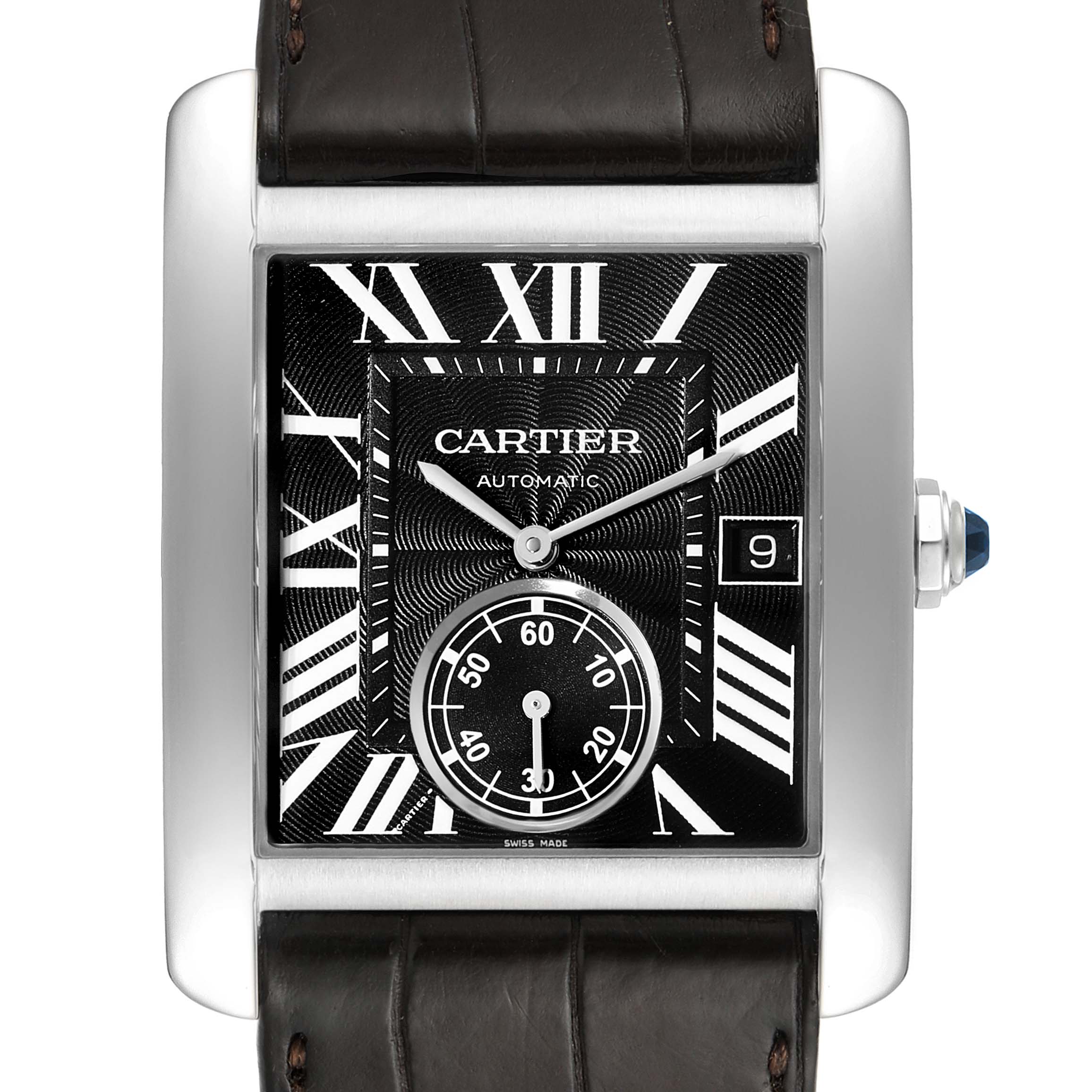 The image shows a frontal view of the Cartier Tank MC W5330004 Men's Stainless Steel Black Dial W5330004 Men's Stainless Steel Black Dial watch, featuring a black dial, Roman numerals, and a brown leather strap.