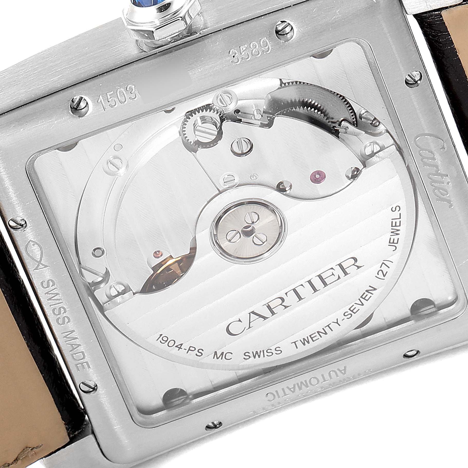 The image shows the back view of the Cartier Tank MC W5330004 Men's Stainless Steel Black Dial W5330004 Men's Stainless Steel Black Dial watch, displaying its movement and inner mechanical components.