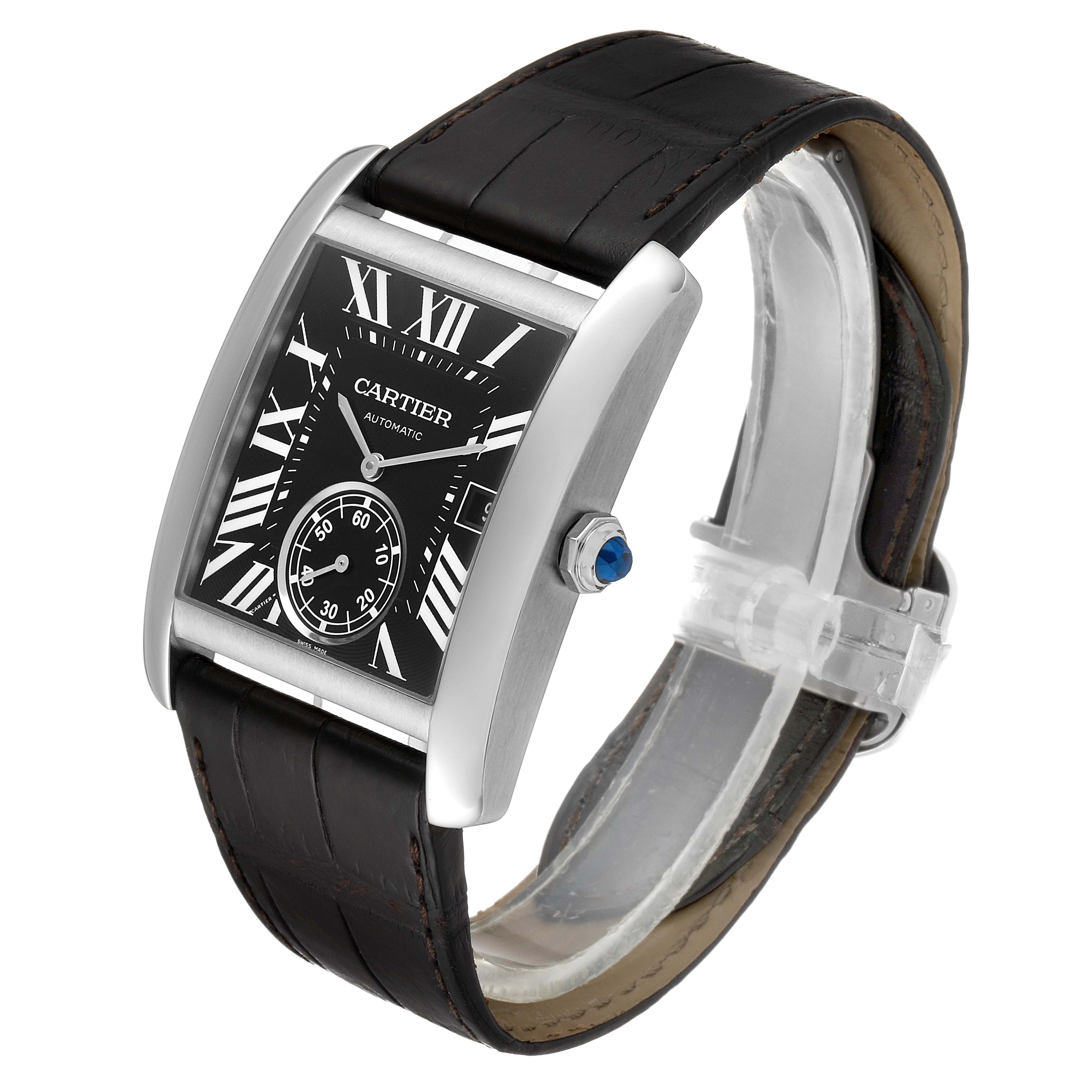 The Cartier Tank MC W5330004 Men's Stainless Steel Black Dial W5330004 Men's Stainless Steel Black Dial watch is shown at a slight front angle, displaying its black dial, Roman numerals, sub-dial, and leather strap.