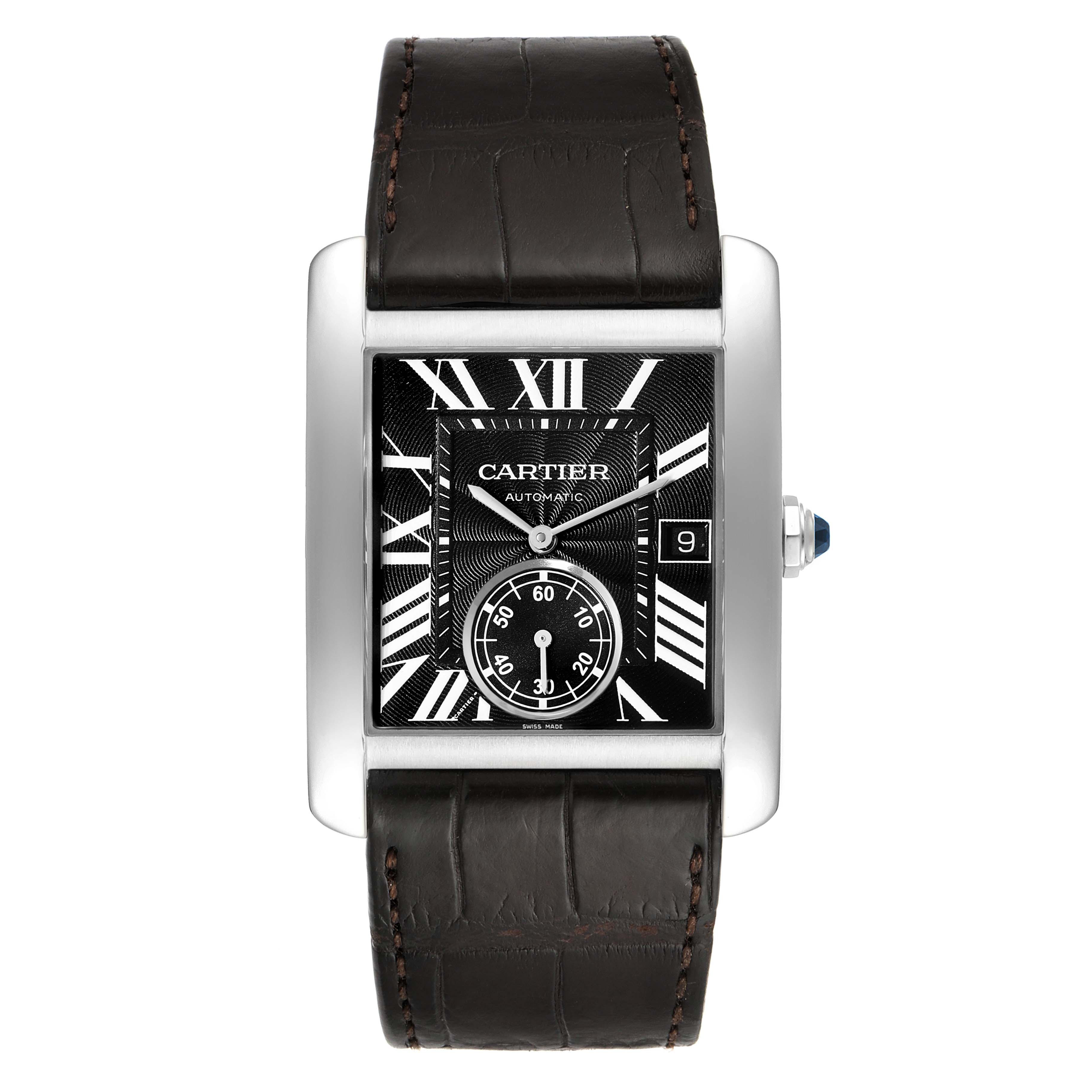 The image shows a front view of the Cartier Tank MC W5330004 Men's Stainless Steel Black Dial W5330004 Men's Stainless Steel Black Dial watch, highlighting the dial, hands, Roman numerals, date window, and leather strap.