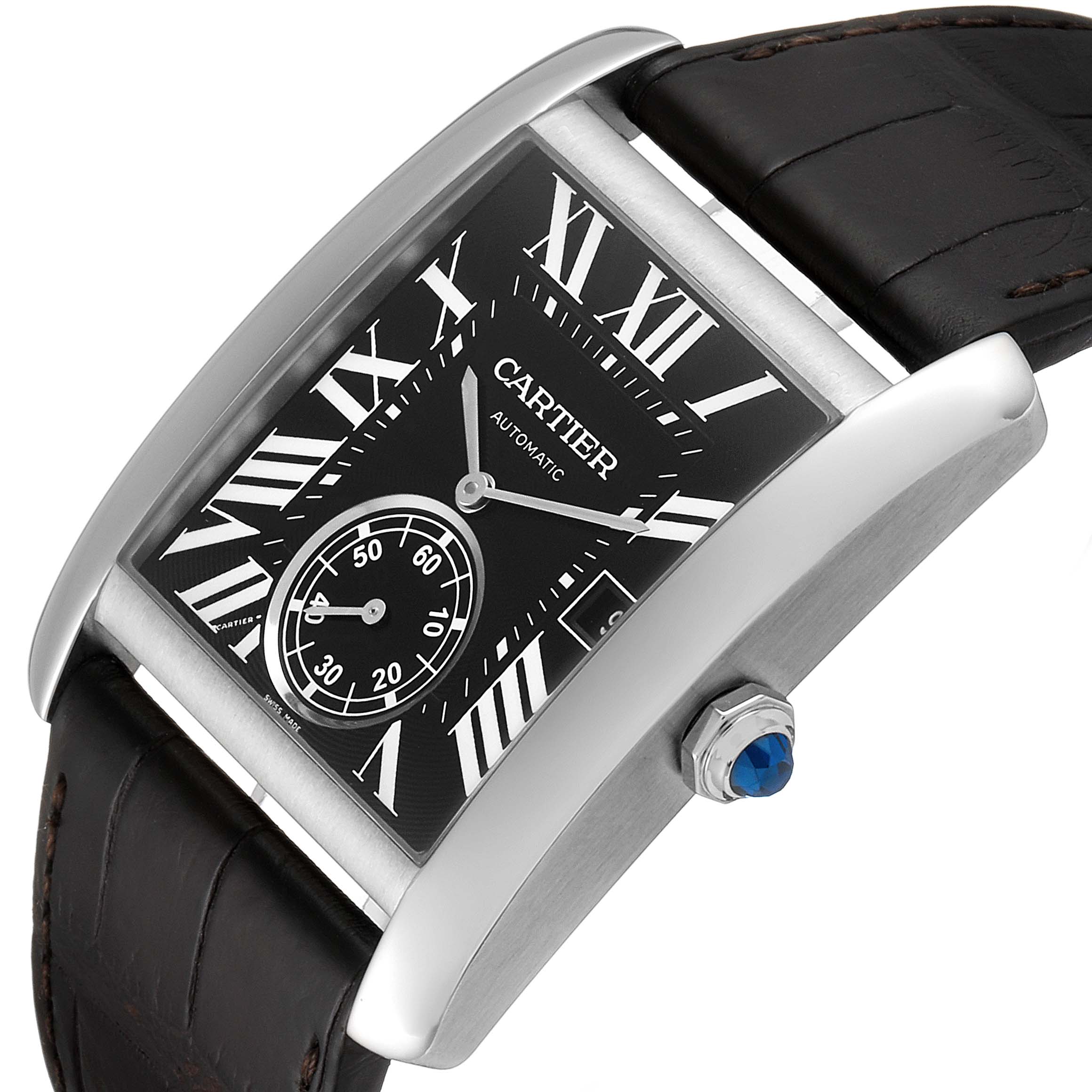 The image shows a Cartier Tank MC W5330004 Men's Stainless Steel Black Dial W5330004 Men's Stainless Steel Black Dial watch from a three-quarter angle, highlighting its black dial, Roman numerals, and leather strap.