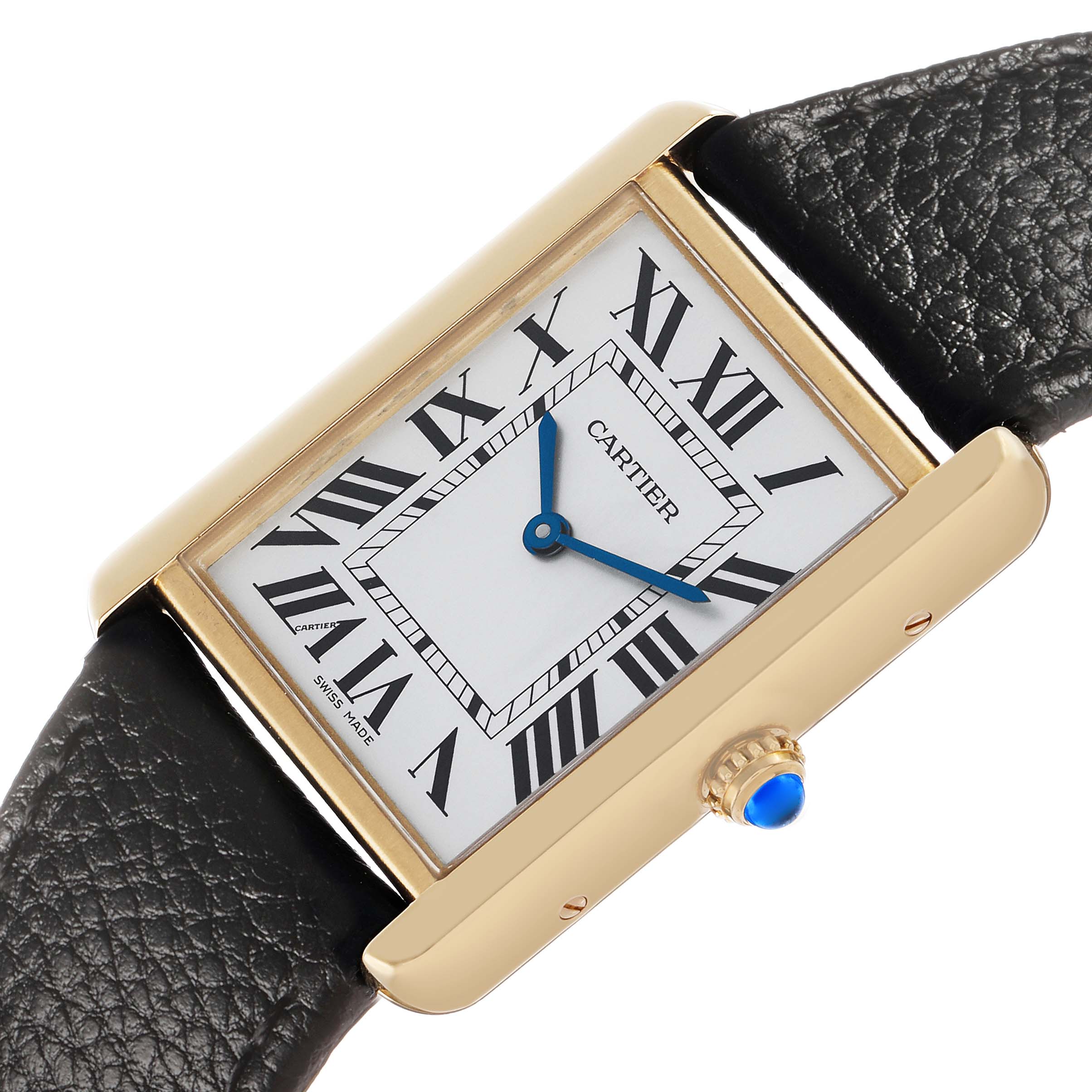 The Cartier Tank Solo W5200004 Men's Steel and Gold (two tone) Silver Dial watch is shown at an angle displaying the face, Roman numerals, blue hands, gold casing, and leather strap.