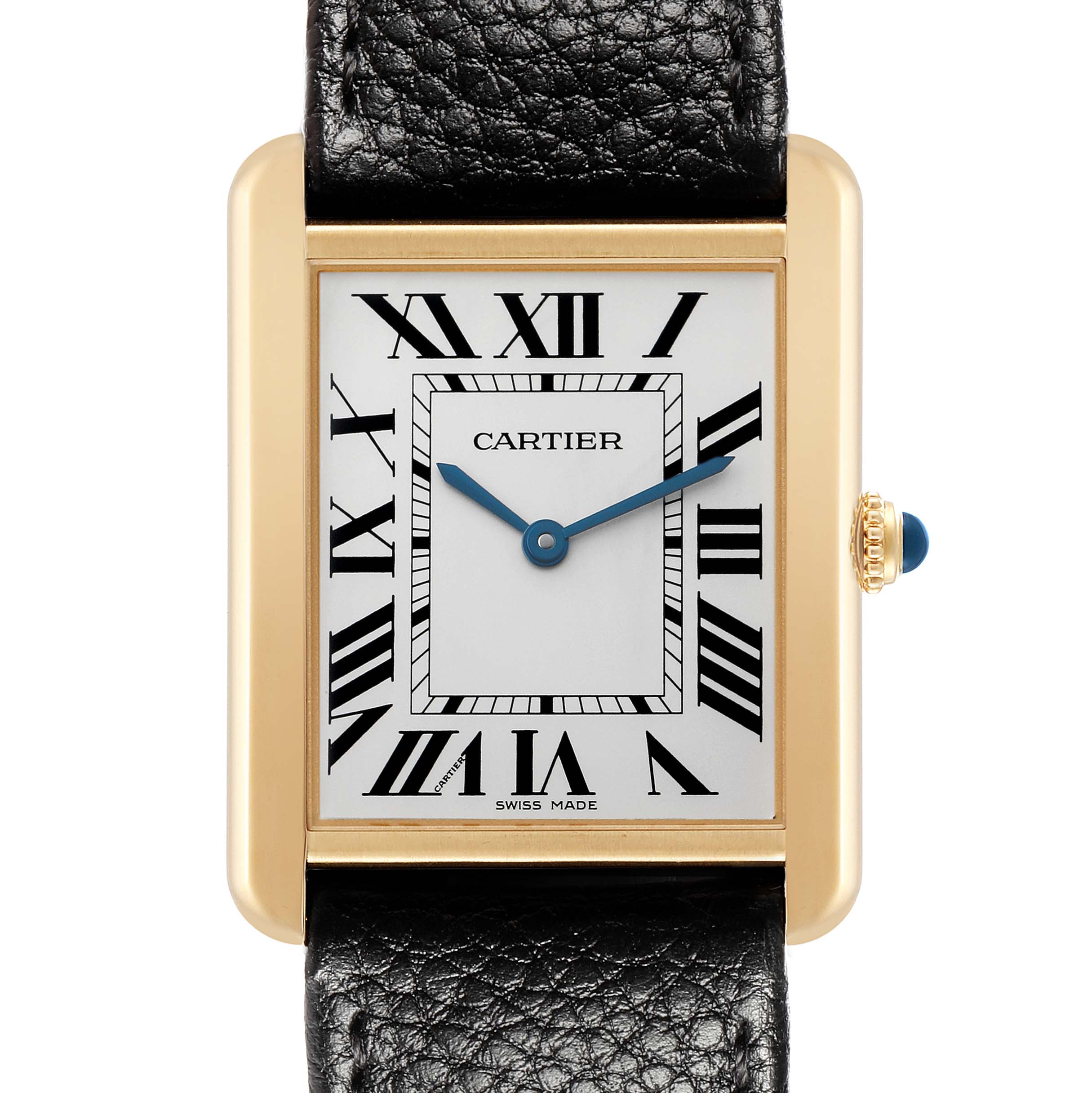 The Cartier Tank Solo W5200004 Men's Steel and Gold (two tone) Silver Dial watch is shown from the front, highlighting its rectangular face, Roman numerals, and black leather strap.