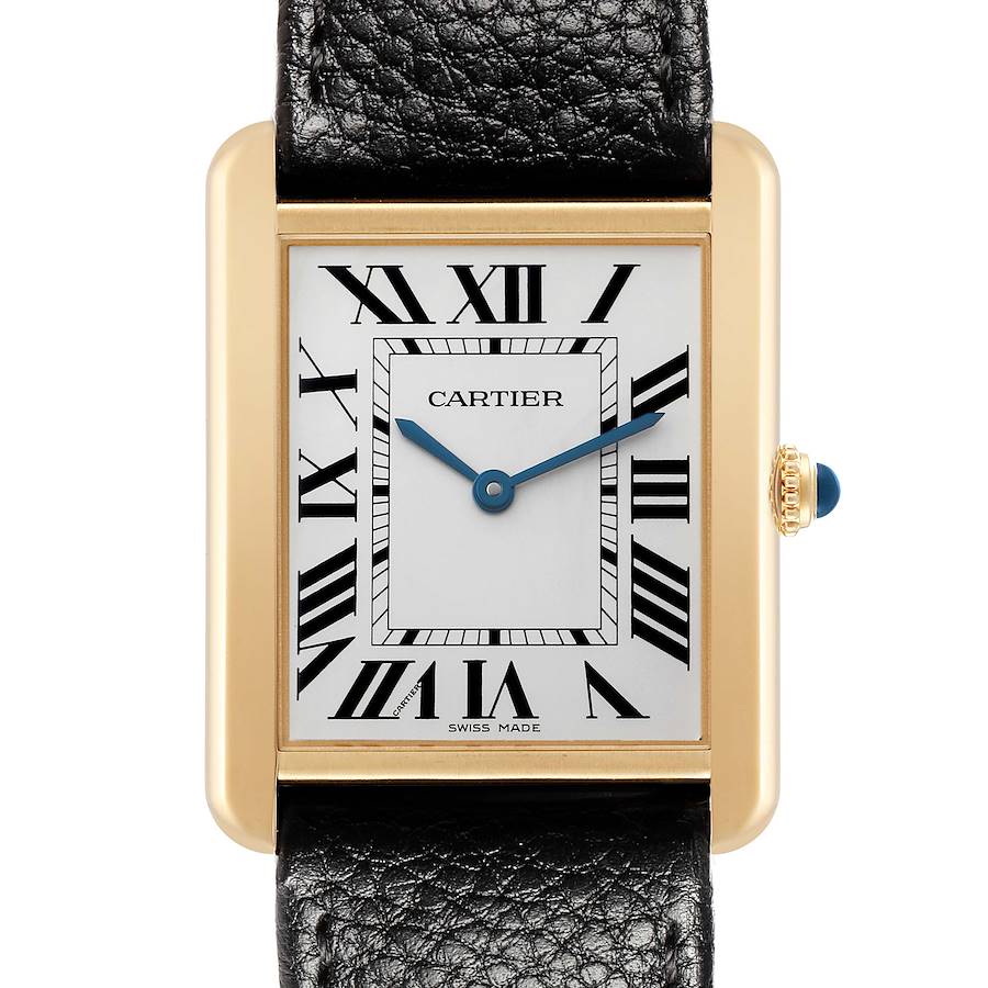 The Cartier Tank Solo W5200004 Men's Steel and Gold (two tone) Silver Dial watch is shown from the front, highlighting its rectangular face, Roman numerals, and black leather strap.