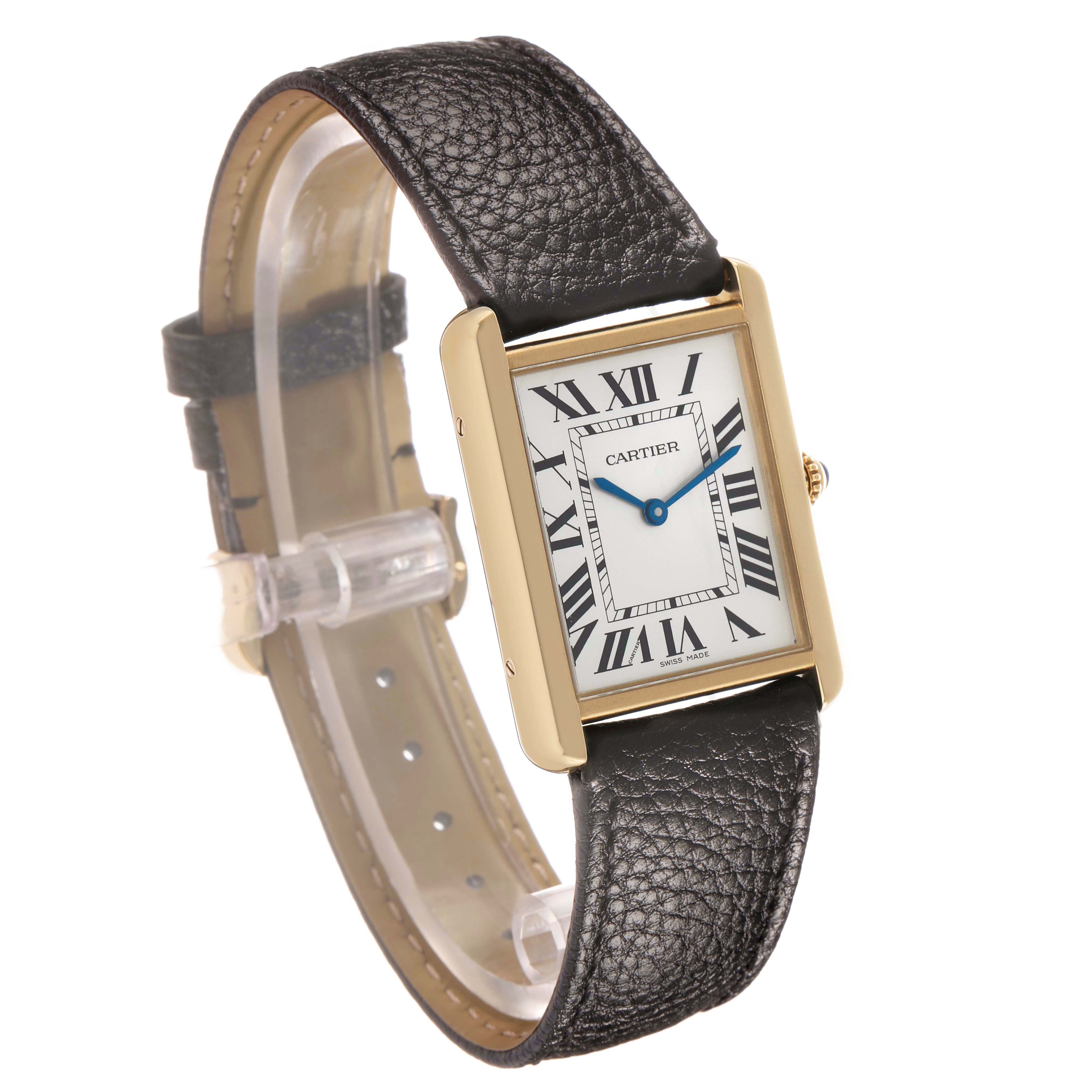 The Cartier Tank Solo W5200004 Men's Steel and Gold (two tone) Silver Dial watch is shown at an oblique angle, displaying its rectangular face, Roman numerals, and leather strap.