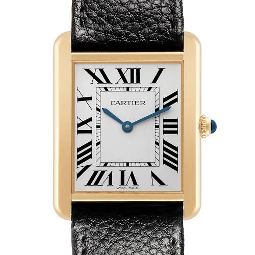 The Cartier Tank Solo W5200004 Men's Steel and Gold (two tone) Silver Dial watch is shown from a front view, highlighting the rectangular face, Roman numerals, and leather strap.