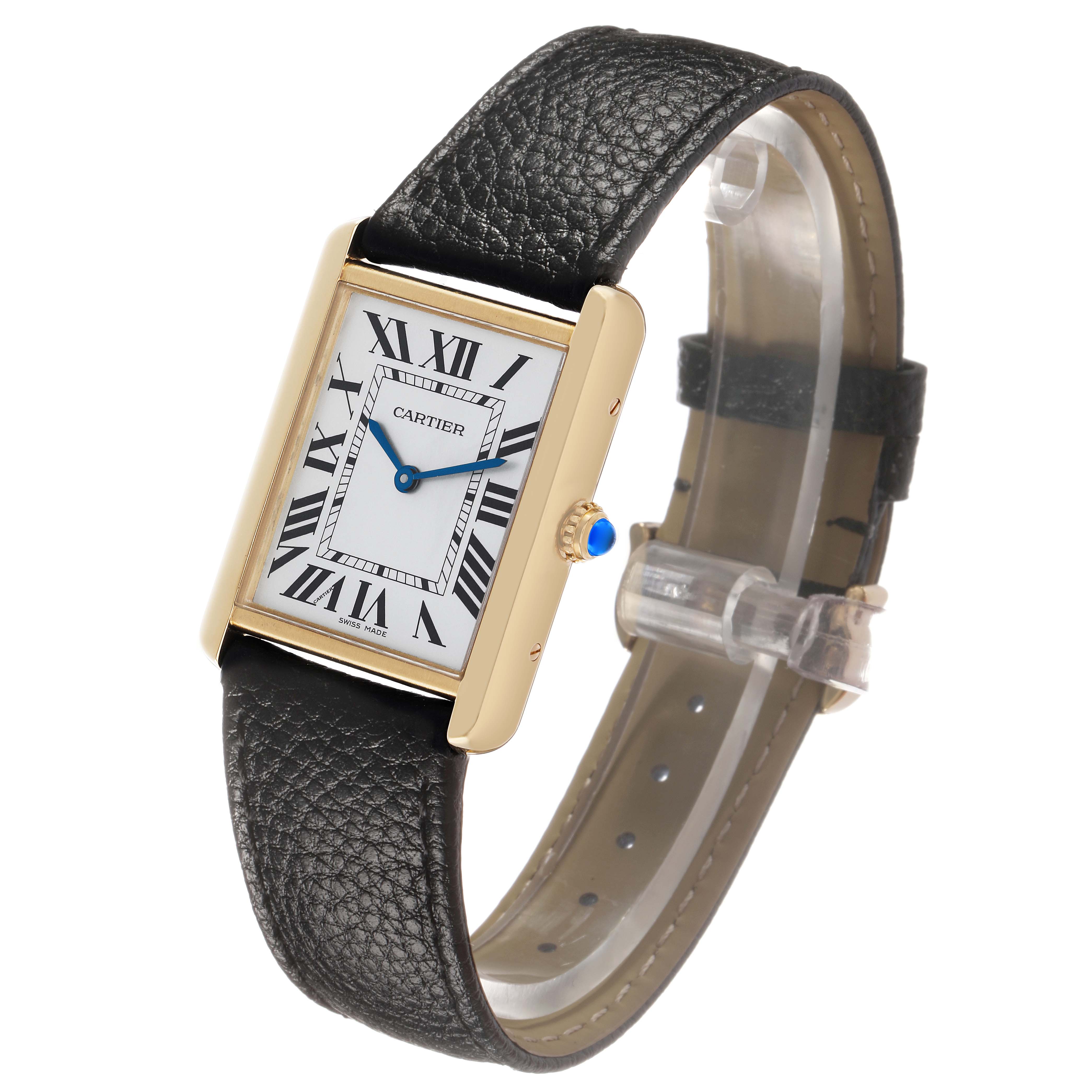 The Cartier Tank Solo W5200004 Men's Steel and Gold (two tone) Silver Dial watch is shown at a slight angle, highlighting its face, Roman numerals, and leather strap.