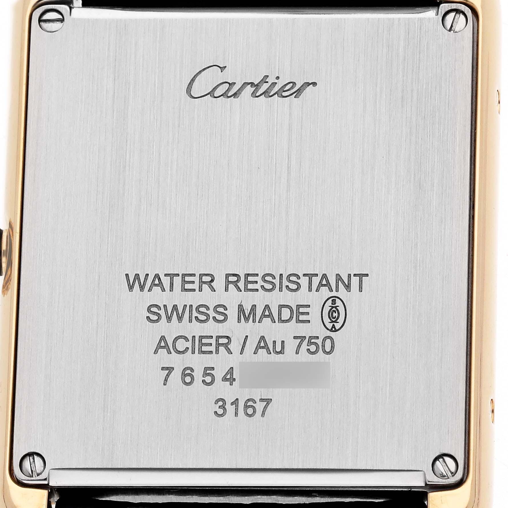 The image shows the back of a Cartier Tank Solo W5200004 Men's Steel and Gold (two tone) Silver Dial watch with engraving details.