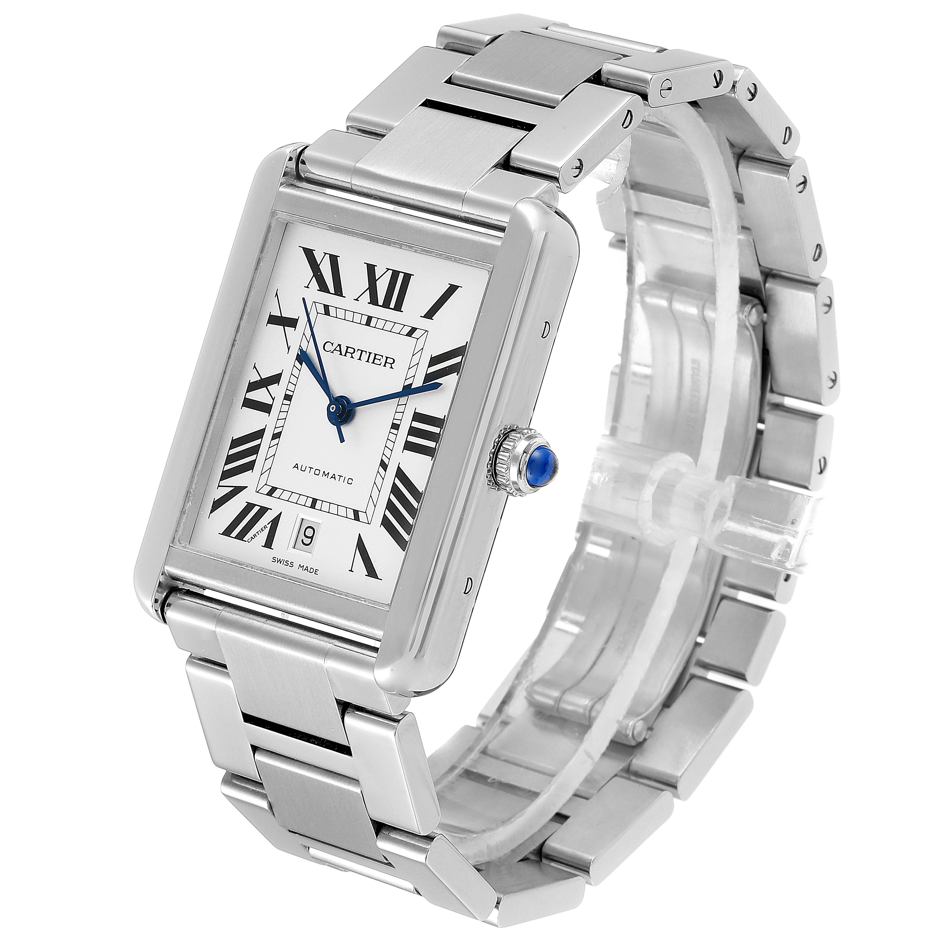 The image shows a front angled view of a Cartier Tank Solo W5200028 Men
s Stainless Steel Silver Dial W5200028 Men
s Stainless Steel Silver Dial watch, highlighting its white dial, Roman numerals, blue hands, and metal bracelet.