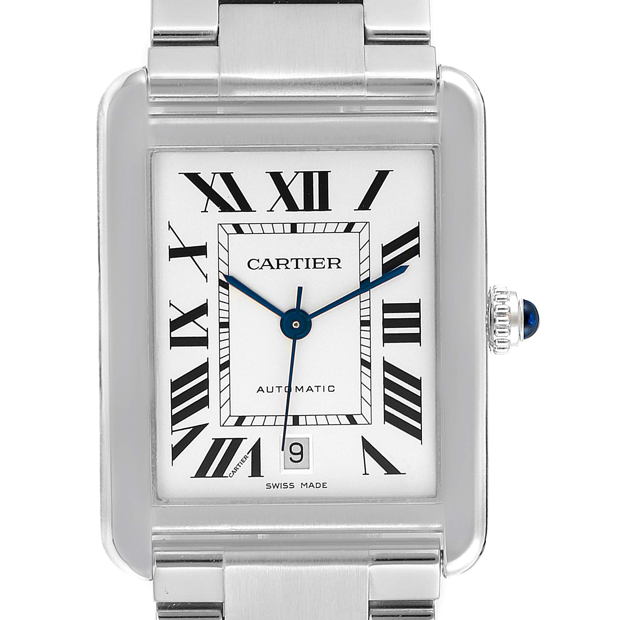 The Cartier Tank Solo W5200028 Men
s Stainless Steel Silver Dial W5200028 Men
s Stainless Steel Silver Dial watch is shown from the front, displaying its face, Roman numerals, date window, and part of the bracelet.
