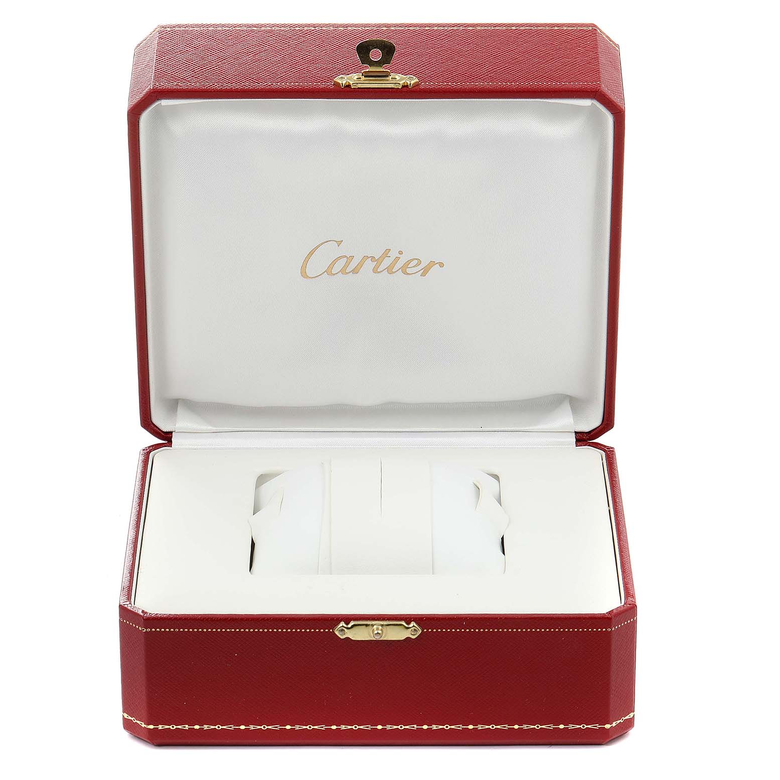 The image shows an open Cartier box for the Tank Solo model watch, displaying the interior cushion and the brand
s name.
