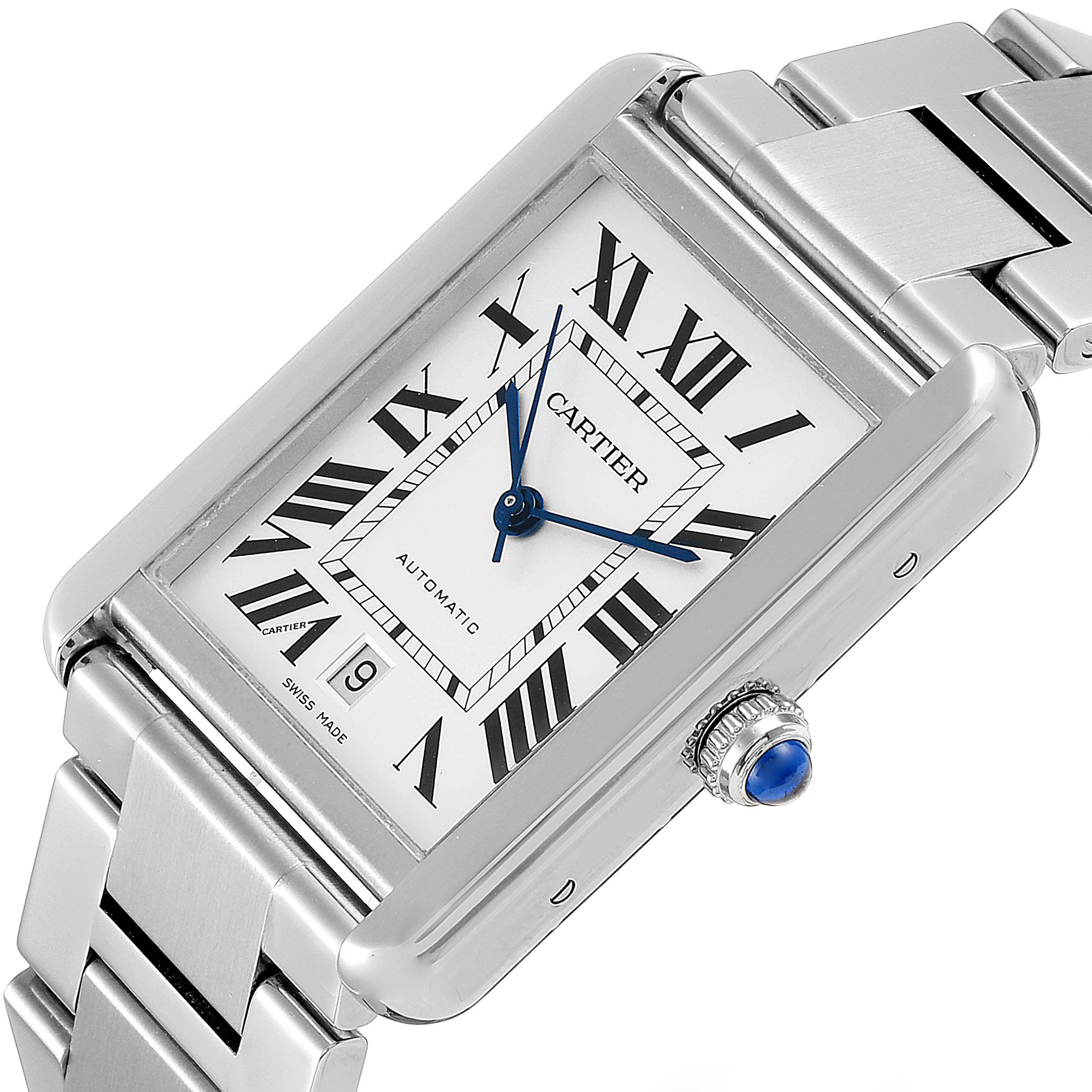 The image shows a Cartier Tank Solo W5200028 Men
s Stainless Steel Silver Dial W5200028 Men
s Stainless Steel Silver Dial watch focusing on the face, bracelet, and crown with a blue cabochon.