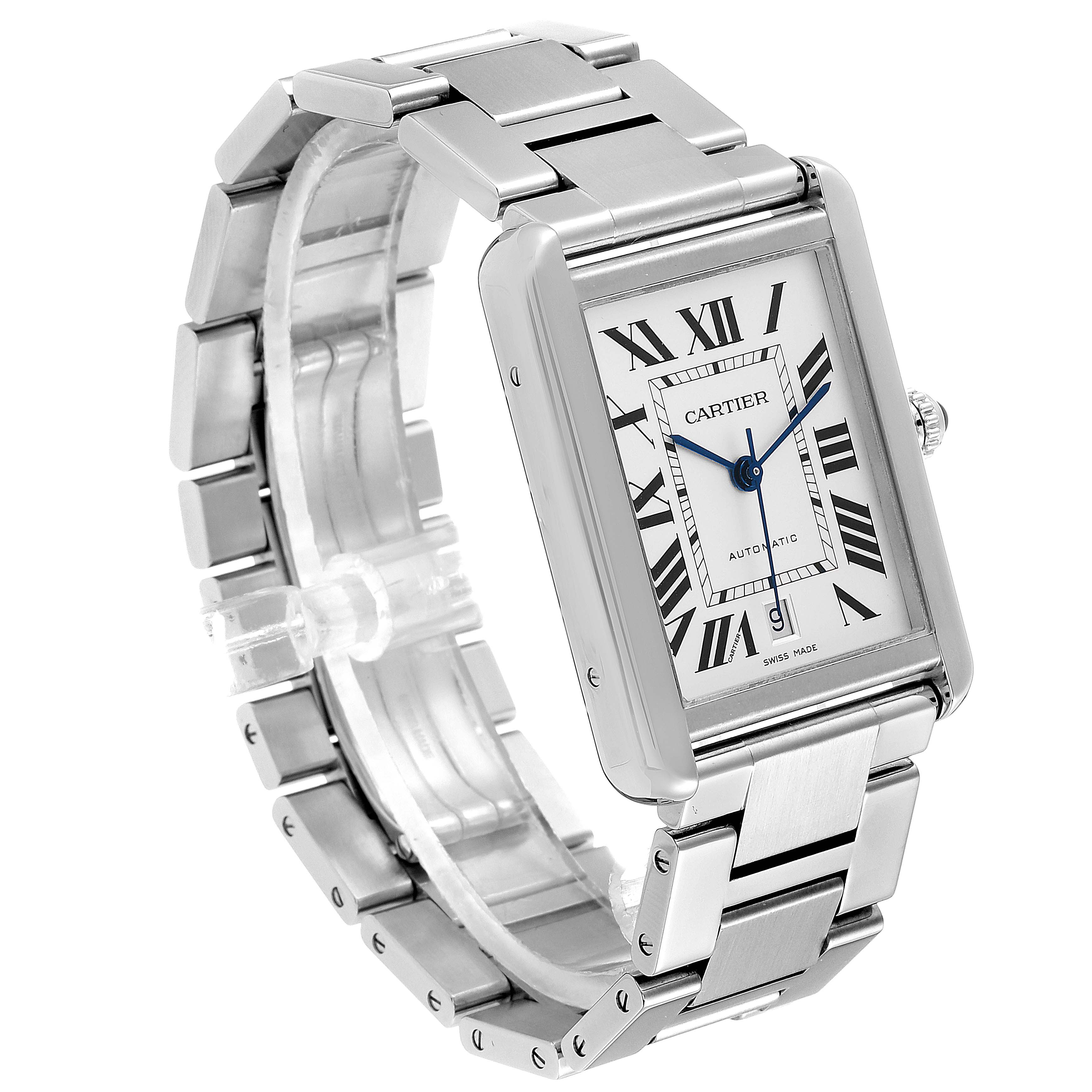 The image shows a Cartier Tank Solo W5200028 Men
s Stainless Steel Silver Dial W5200028 Men
s Stainless Steel Silver Dial watch at a three-quarter angle, highlighting its rectangular dial and metal bracelet.