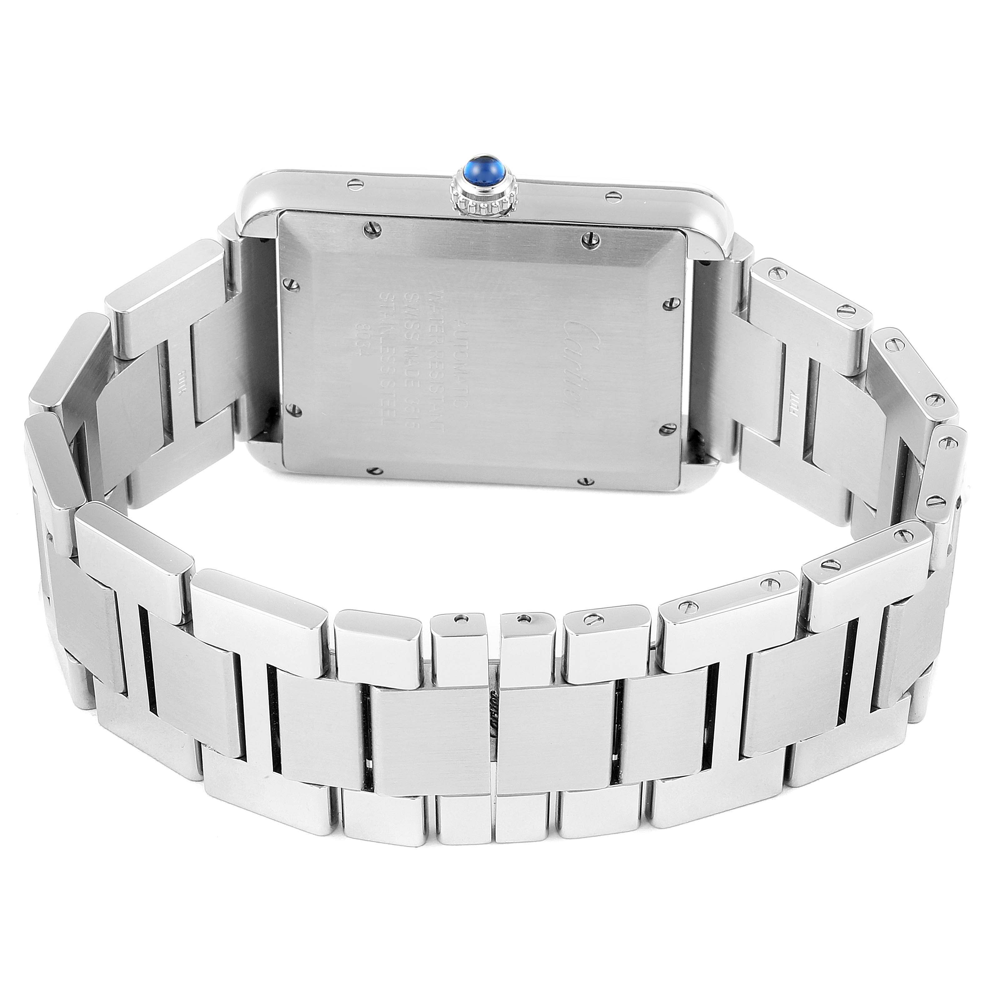 The image shows the back view of a Cartier Tank Solo W5200028 Men
s Stainless Steel Silver Dial W5200028 Men
s Stainless Steel Silver Dial watch, highlighting its metal bracelet and caseback.