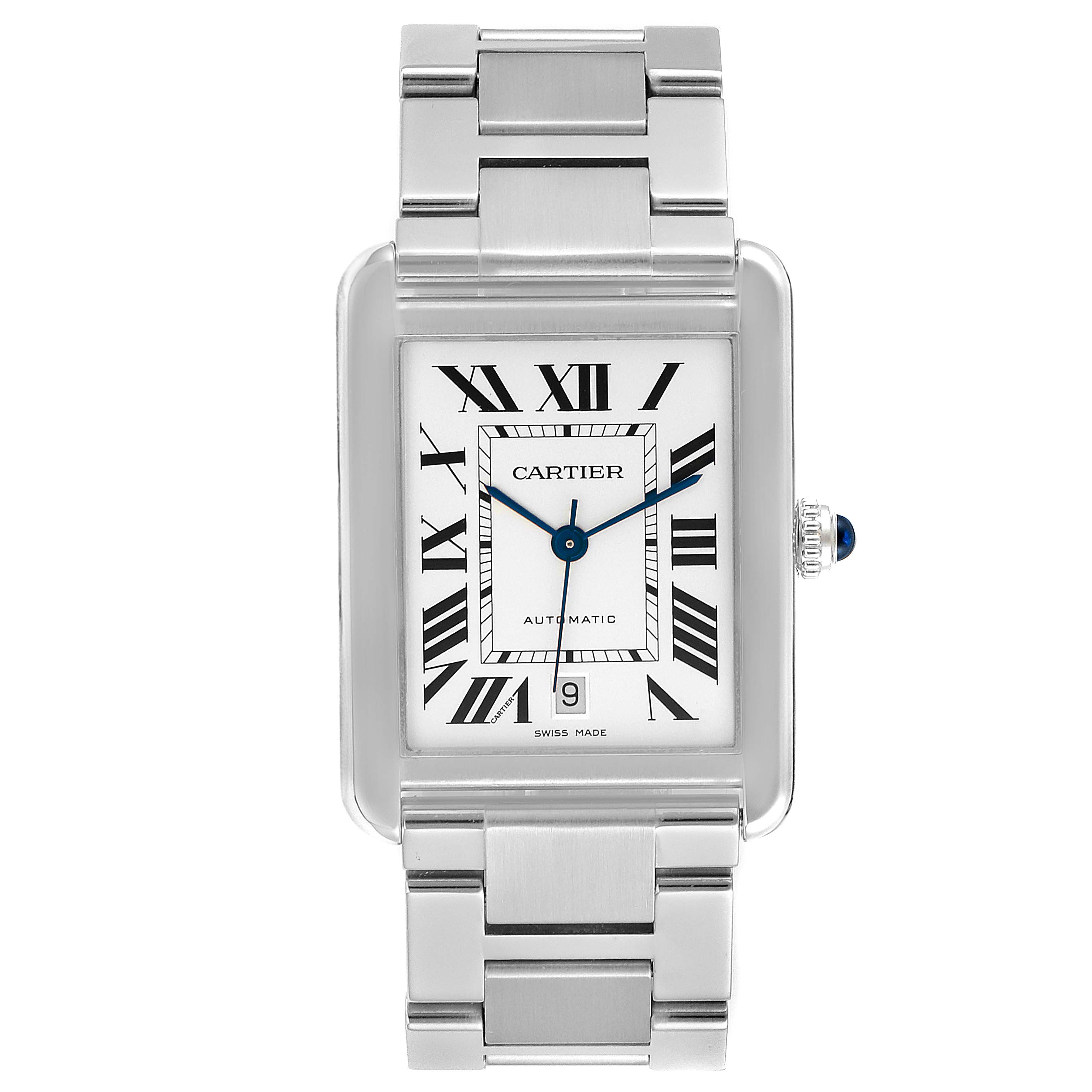 This is a straight-on view of the Cartier Tank Solo W5200028 Men
s Stainless Steel Silver Dial W5200028 Men
s Stainless Steel Silver Dial watch, showing the face, dial, and bracelet.
